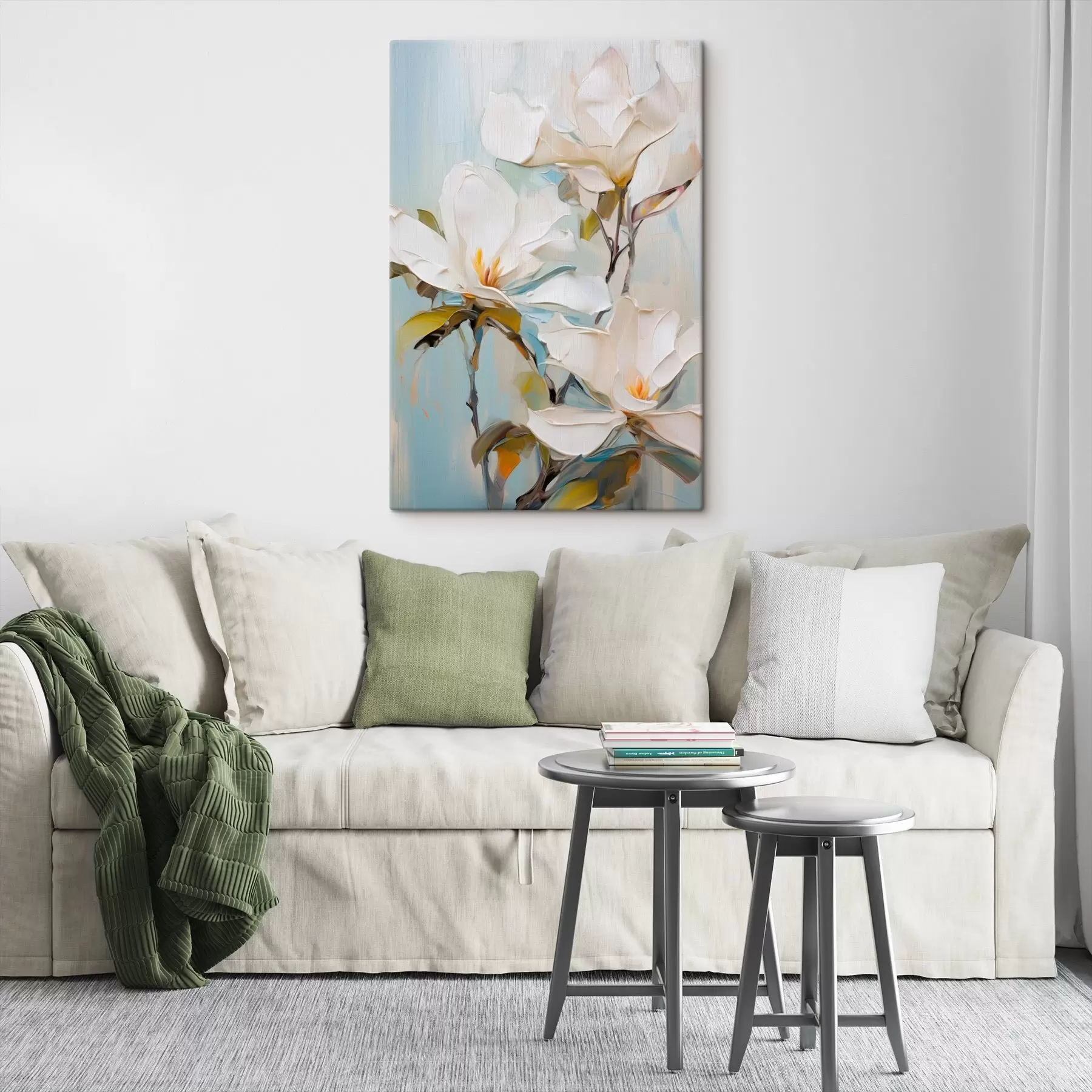 Fototapete Weiße Magnolienblüten, hellblauer Hintergrund mit sanften Pinselstrichen, Ölgemälde-Stil, pastose Textur s46276