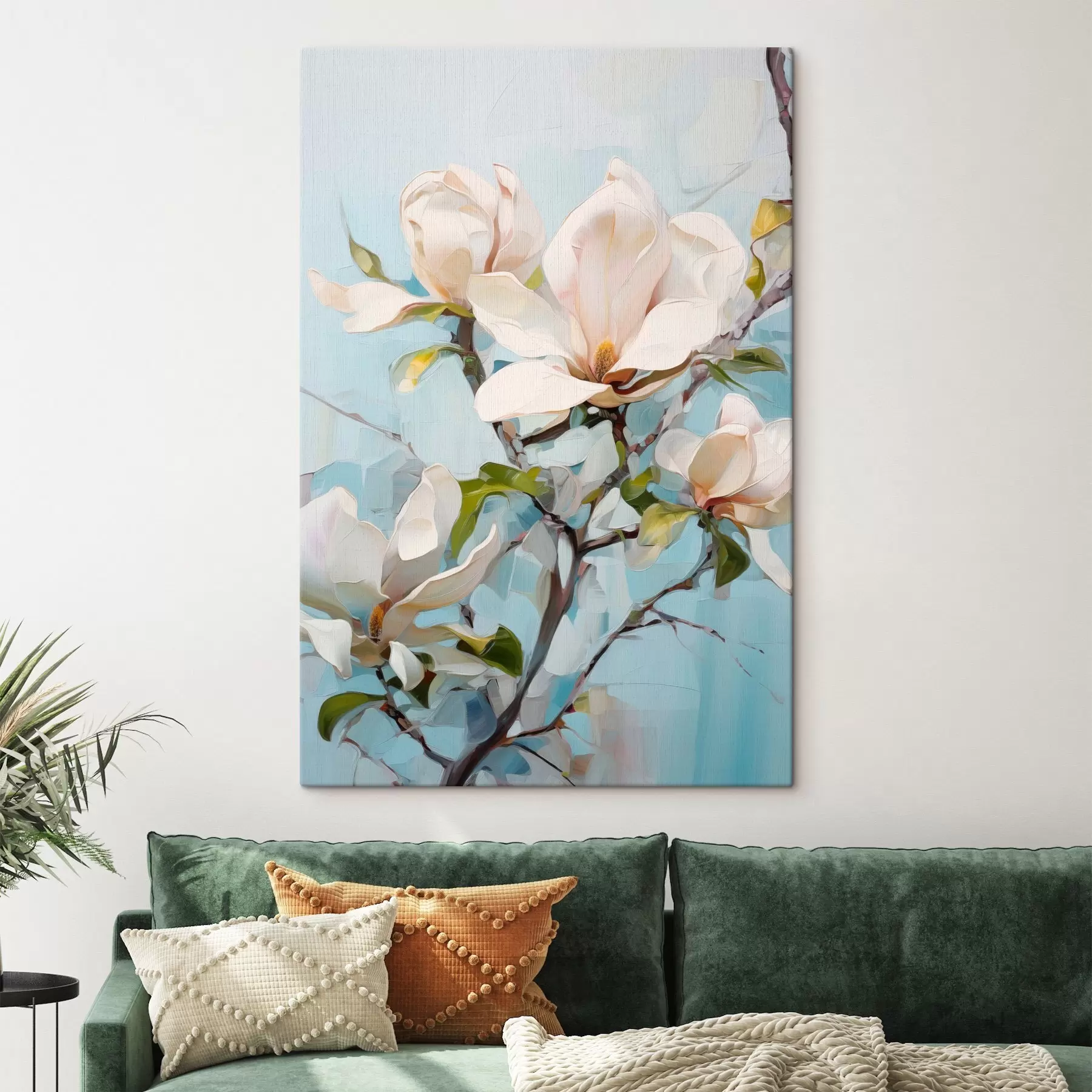 Fototapete Weiße Magnolienblüten, hellblauer Hintergrund mit sanften Pinselstrichen, Ölgemälde-Stil, pastose Textur s46277