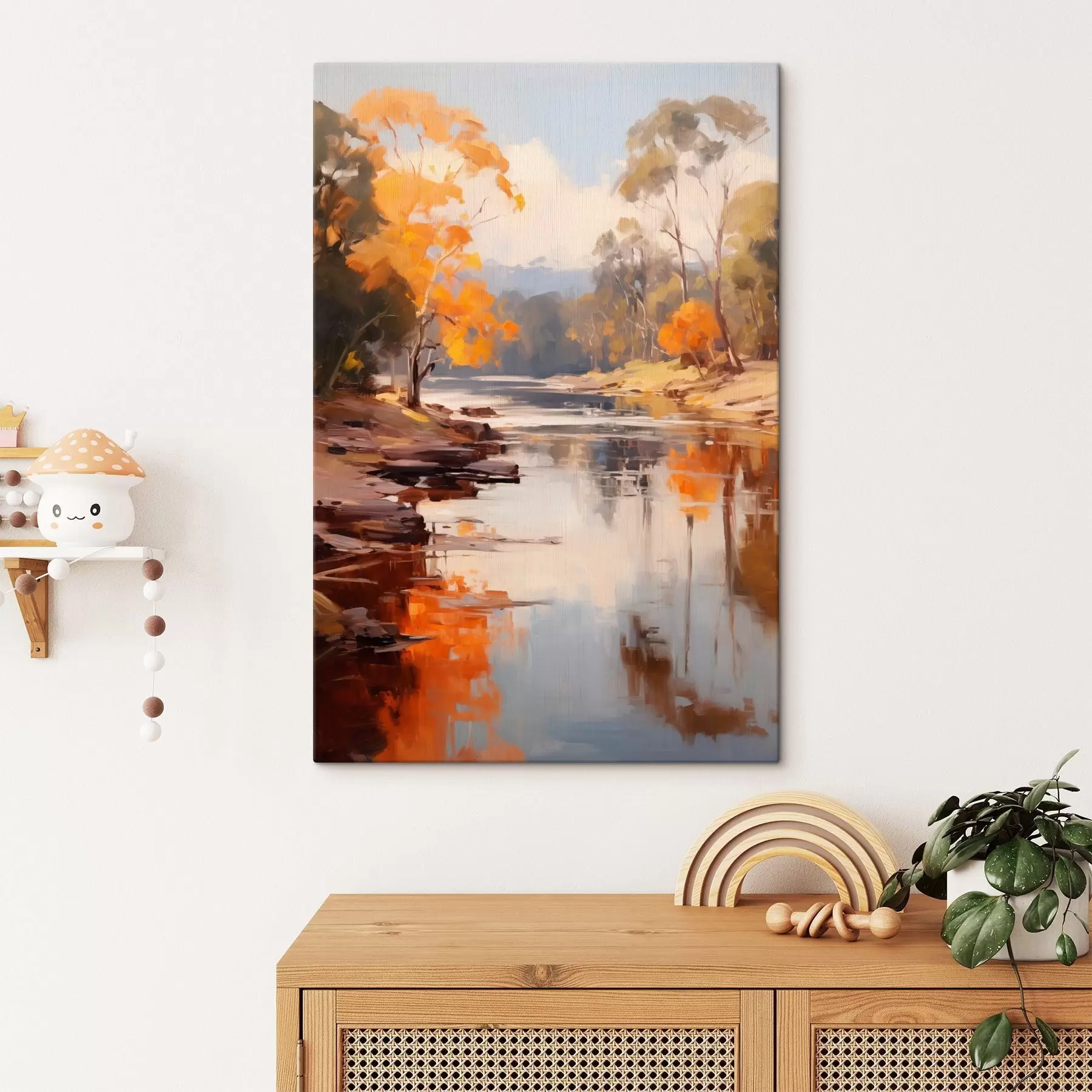 Fototapete Herbstlandschaft, Fluss mit Bäumen am Ufer, Wald im Hintergrund, Spiegelungen auf dem Wasser s46280