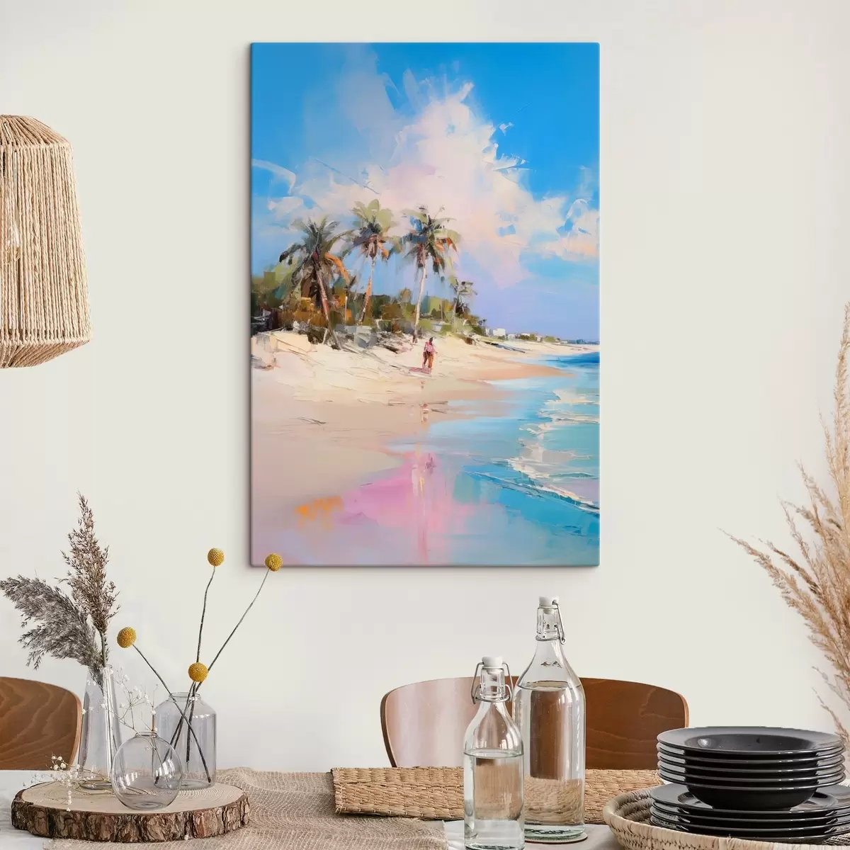 Fototapete Abstrakte Landschaft, ein Strand mit Palmen, strahlender Sonnenschein mit blauem Himmel und einigen Wolken s46284
