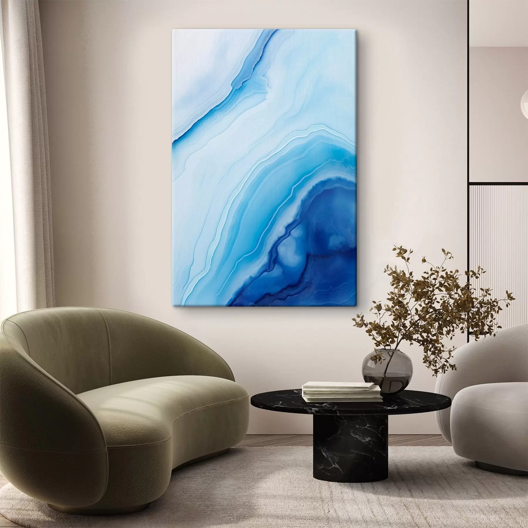 Fototapete Abstrakter blau-weißer Achatdruck, wirbelnde Linien und Farbverläufe, glatte Textur, moderne Kunst, minimalistisch s46290