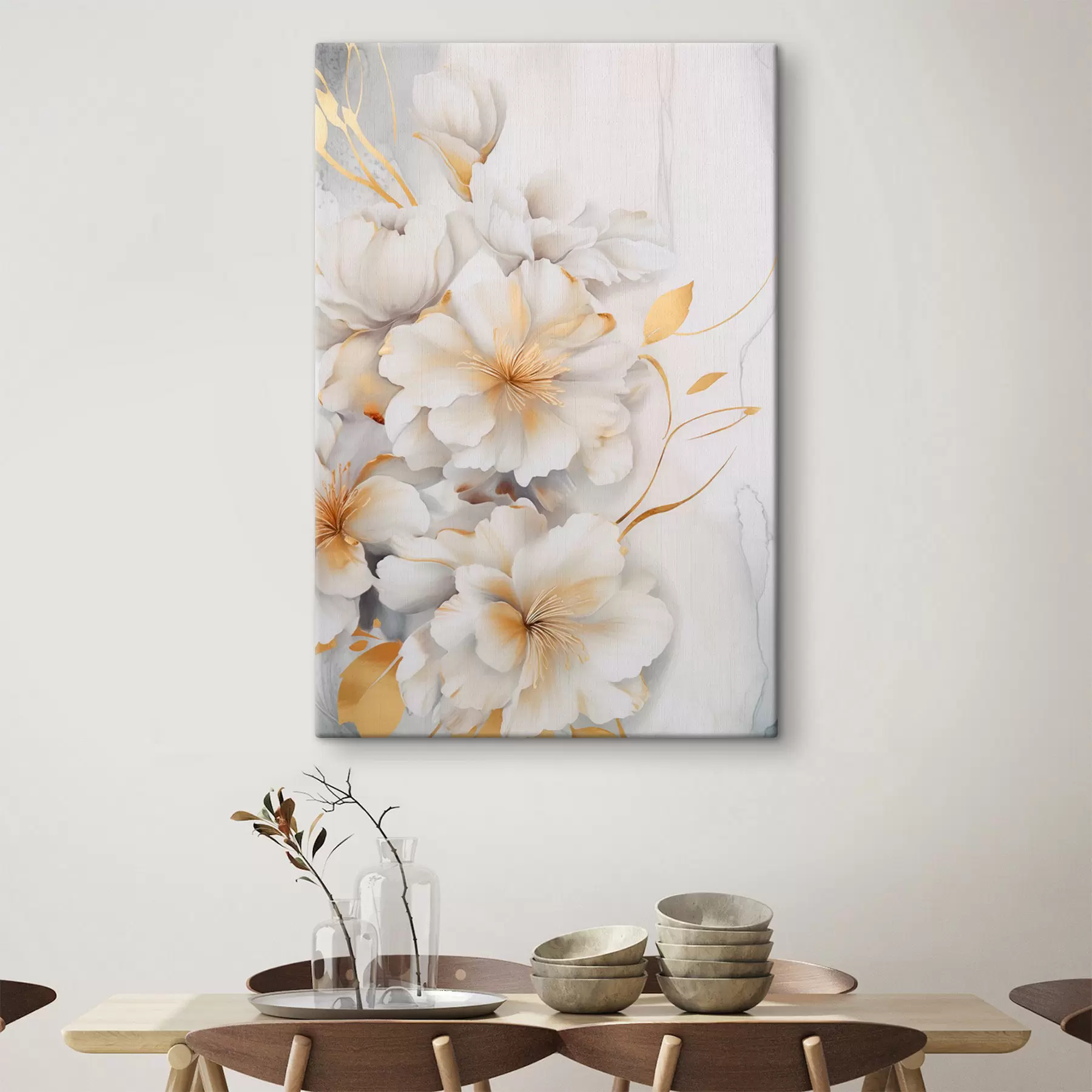 Fototapete Weiße Blüten mit gelben Details, Blütenblätter mit dezenten Schatten, heller Hintergrund mit dezentem Marmoreffekt s46292