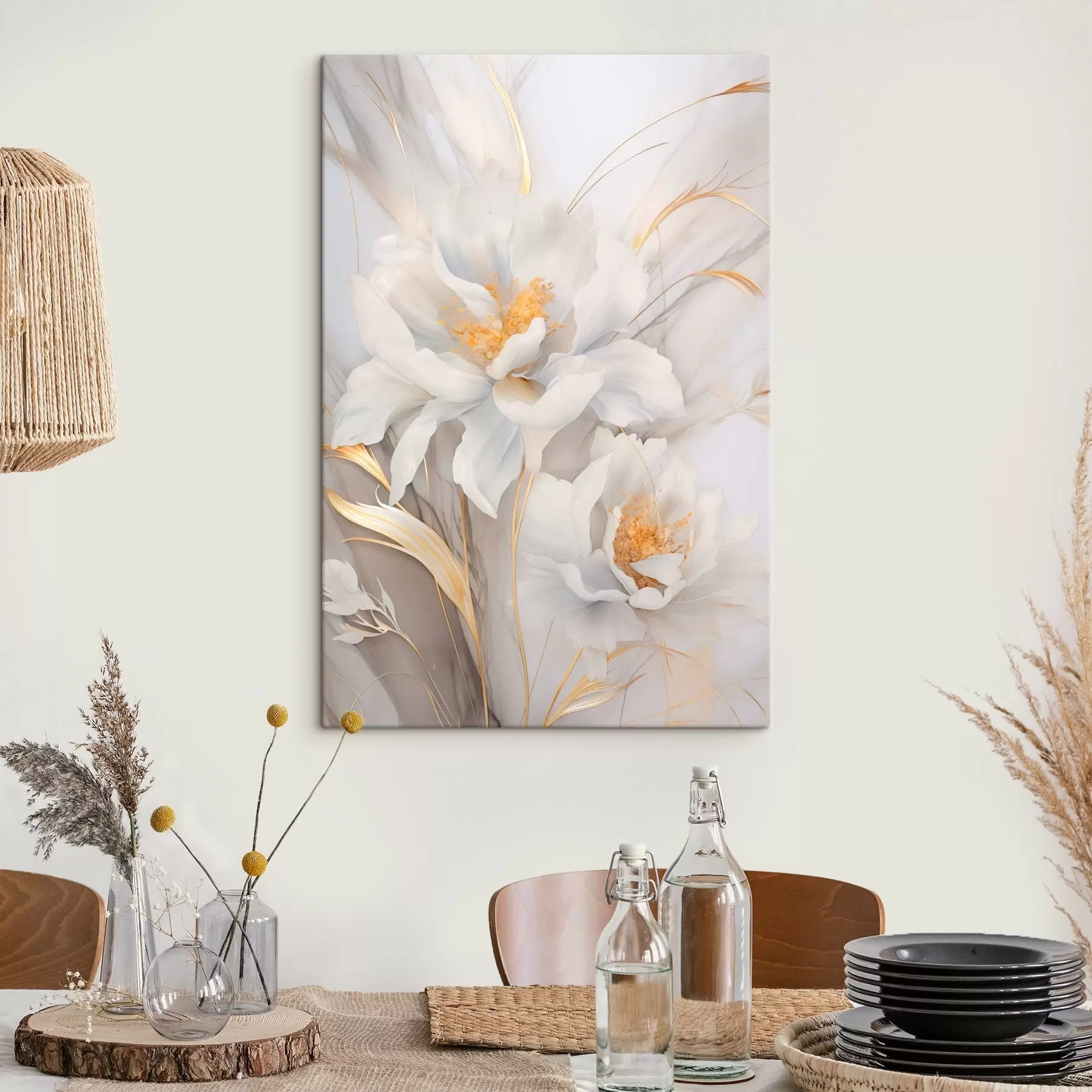 Fototapete Weiße Blüten mit gelben Stempeln und Stielen, zarte Blütenblätter, elegante Komposition, neutraler Hintergrund s46293