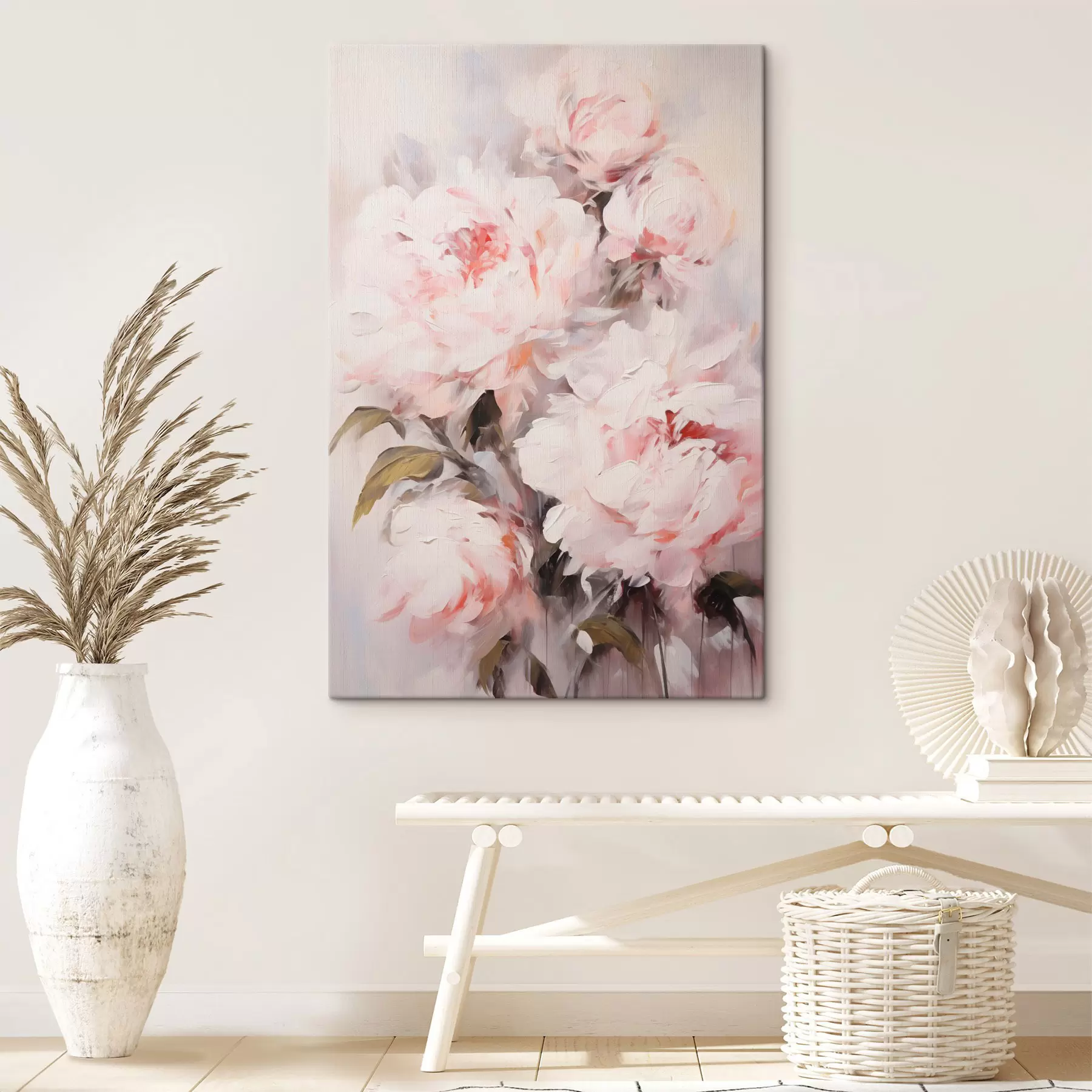 Fototapete Ein Strauß hellrosa Pfingstrosen mit grünen Blättern, sanfte Pinselstriche, Pastellfarben, auf hellem Hintergrund s46294