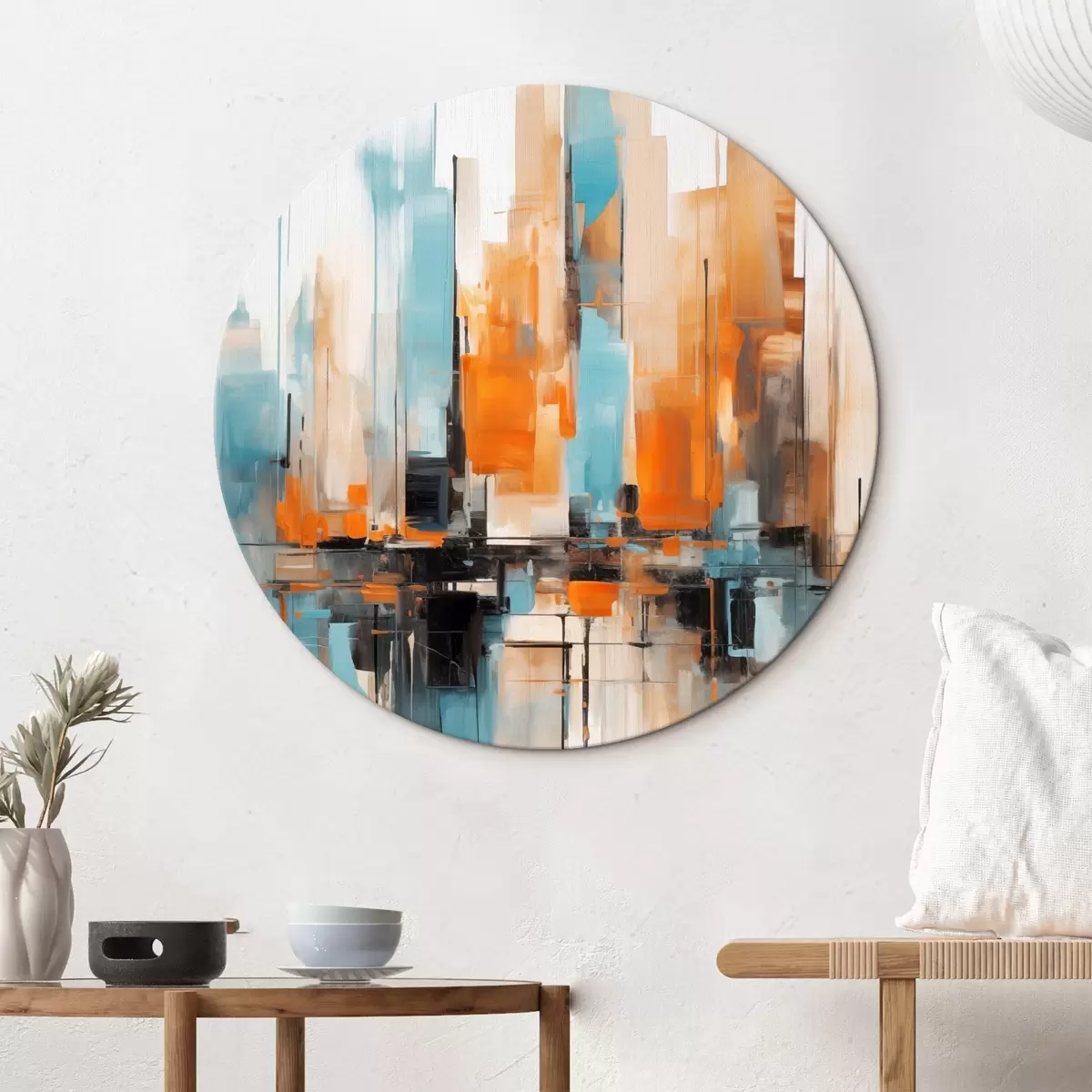 Runde Wandbilder Abstrakte Stadtlandschaft mit vertikalen Pinselstrichen in Orange-, Blau- und Weißtönen, Malstil r46267