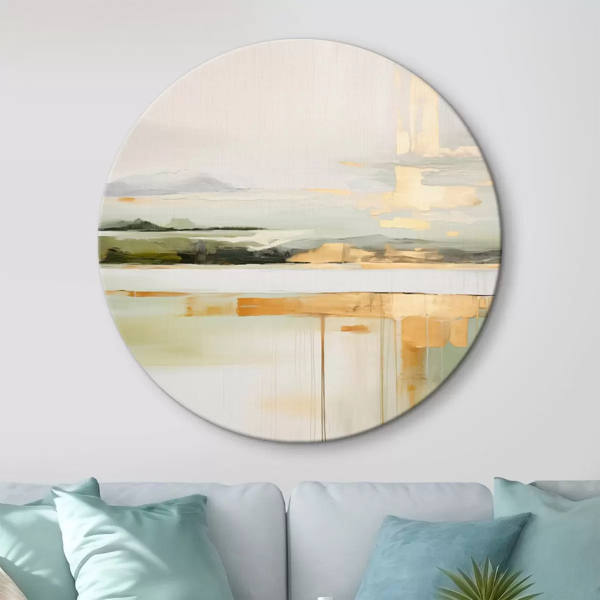 Runde Wandbilder Abstrakte Landschaft mit gelben Akzenten, eine minimalistische Komposition aus Land, Wasser und Himmel, mit gedämpften Farben r46268