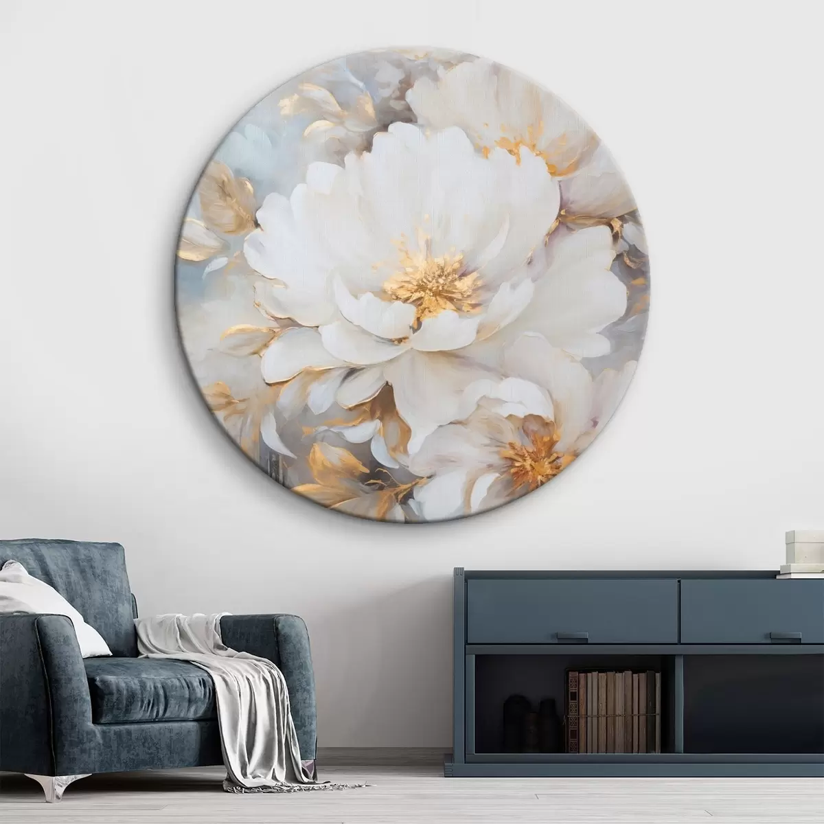 Runde Wandbilder Weiße Pfingstrosen mit blauen Blütenkernen und Blättern, sanfte Pinselstriche, hellblauer Hintergrund, Blumenarrangement r46271