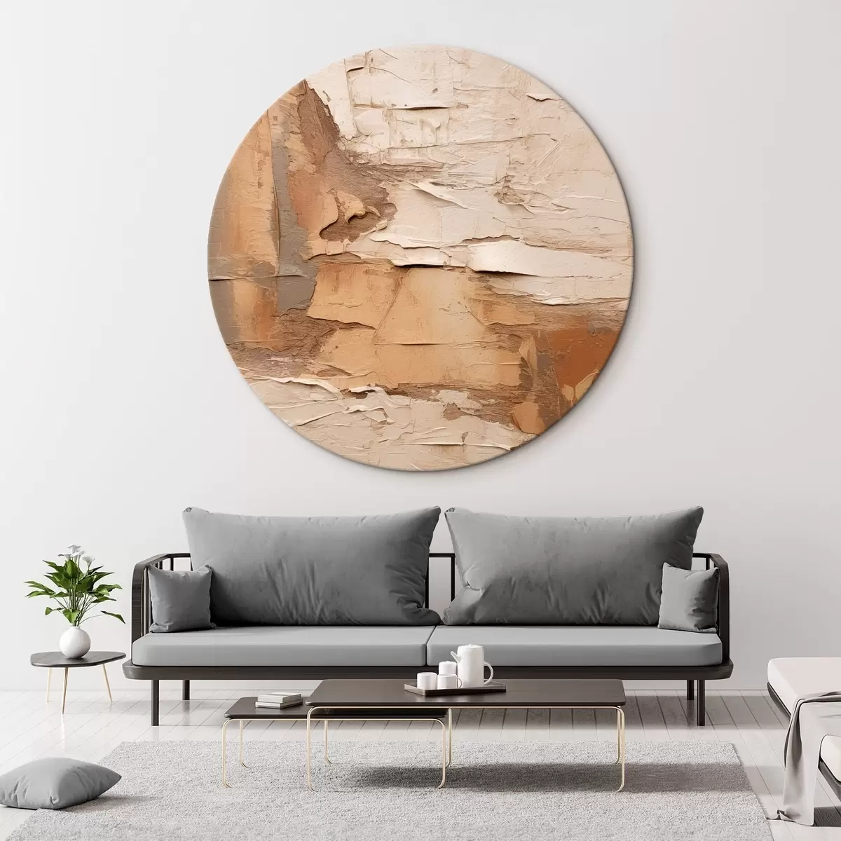 Runde Wandbilder Abstrakte Malerei mit dicken Pinselstrichen, Beige- und Brauntönen, strukturierter Oberfläche und neutraler Farbpalette r46273