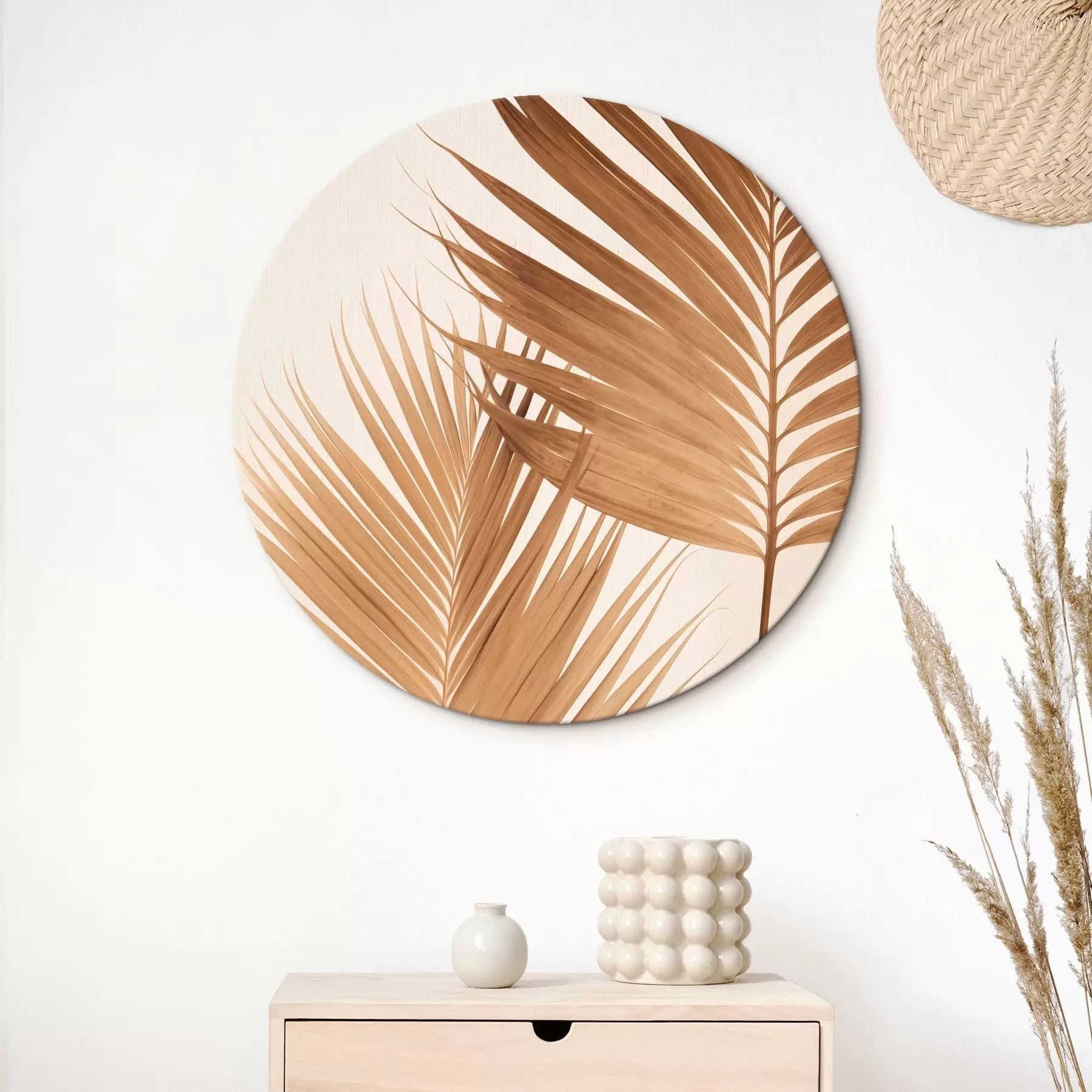 Fototapete Palmenblätter in Brauntönen, neutraler Hintergrund, minimalistischer Stil, natürliche Beleuchtung, tropisches Flair r46274