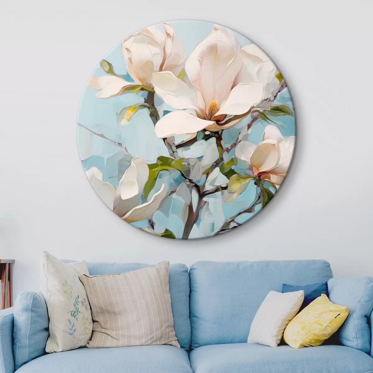 Runde Wandbilder Weiße Magnolienblüten, hellblauer Hintergrund mit sanften Pinselstrichen, Ölgemälde-Stil, pastose Textur r46277
