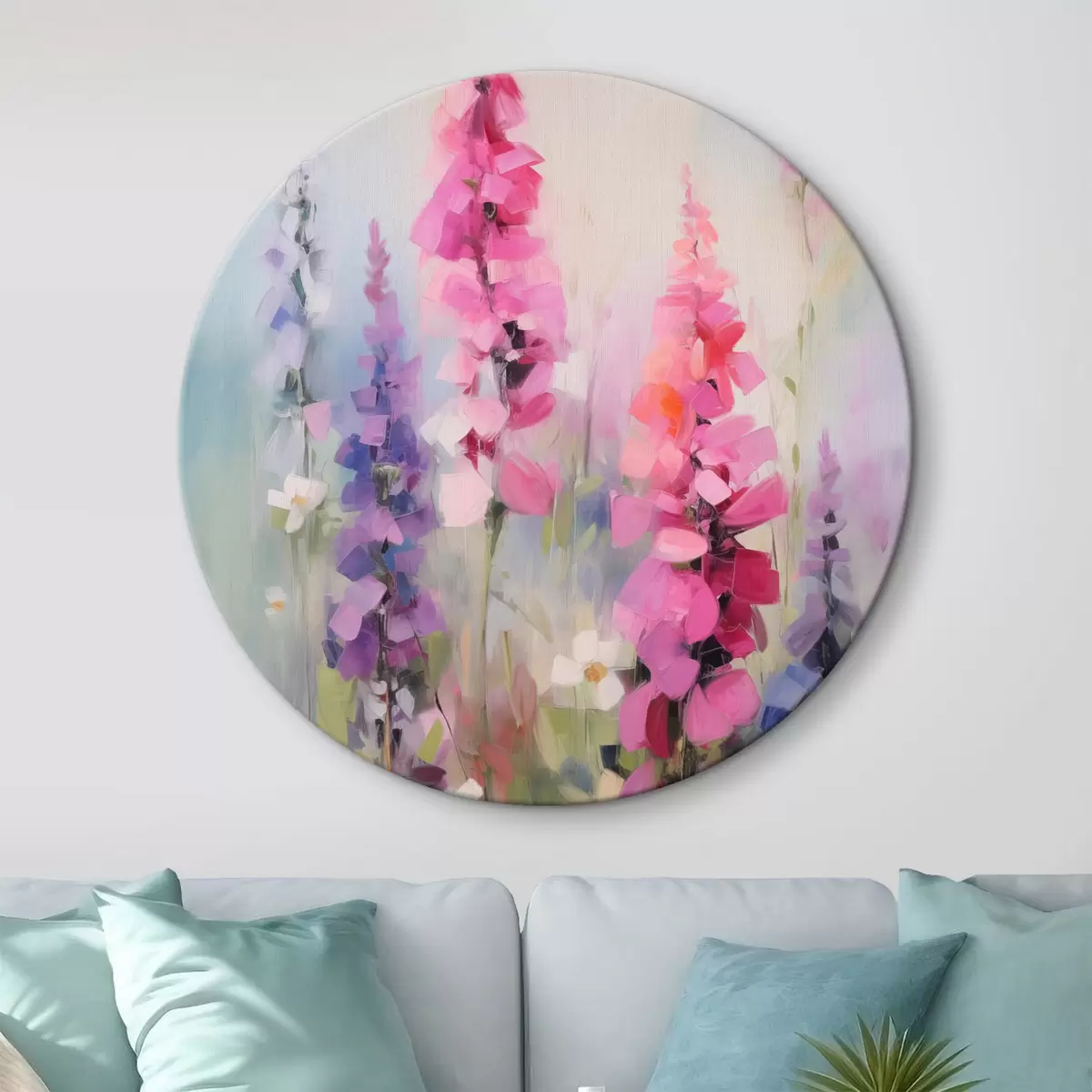 Runde Wandbilder Rosa und violette Blumen mit weißen Gänseblümchen auf einer Wiese, sanfte Pinselstriche, Pastellfarben, impressionistischer Stil r46279