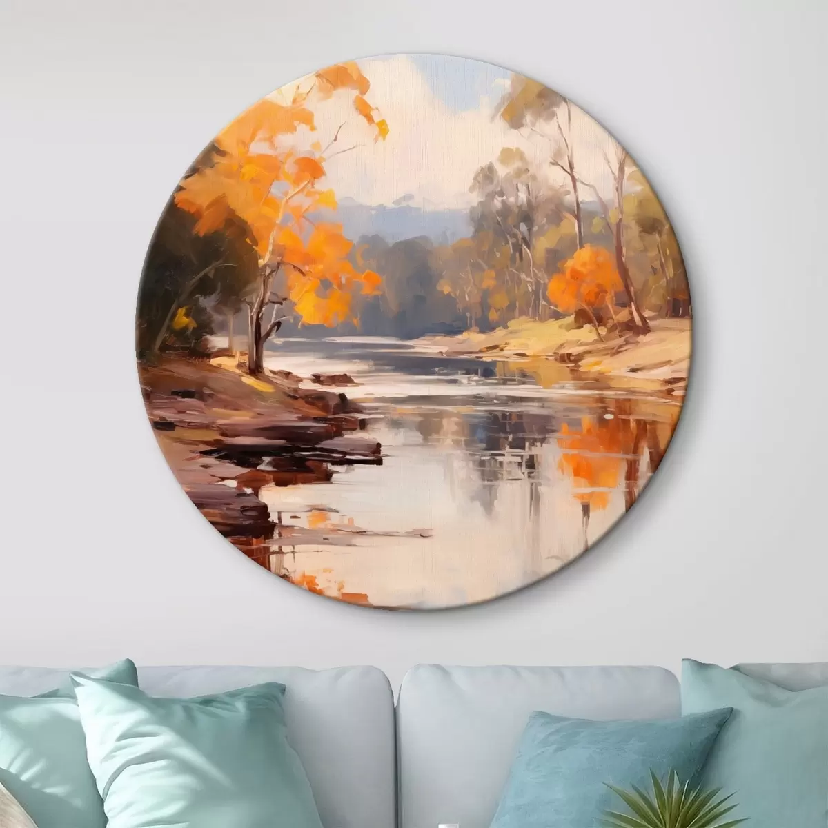 Runde Wandbilder Herbstlandschaft, Fluss mit Bäumen am Ufer, Wald im Hintergrund, Spiegelungen auf dem Wasser r46280