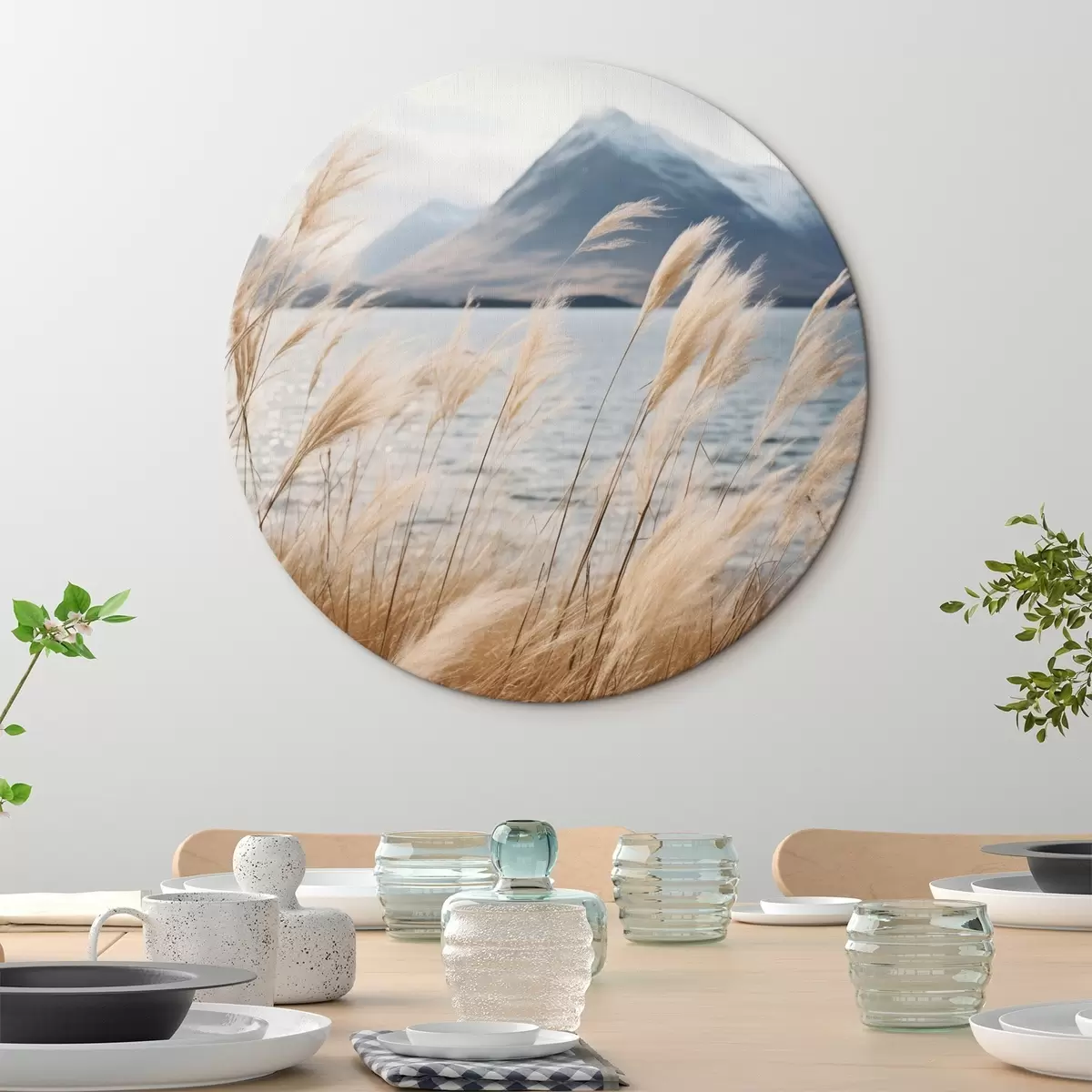 Runde Wandbilder Pampasgras mit einem See und Bergen im Hintergrund, sanfte Beleuchtung, gedämpfte Farben, naturalistischer Stil r46283