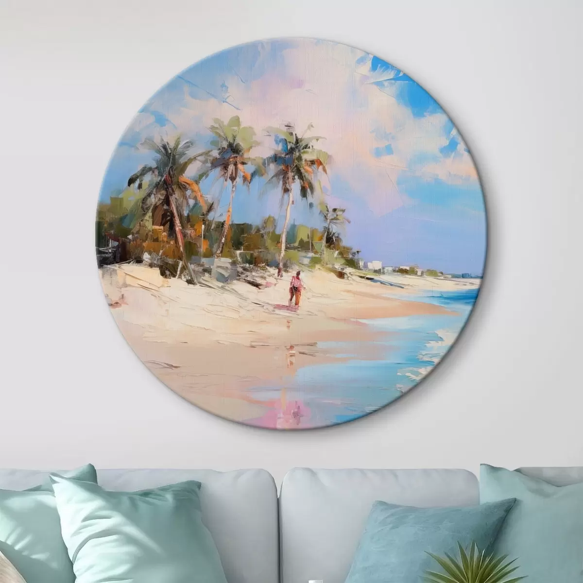 Runde Wandbilder Abstrakte Landschaft, ein Strand mit Palmen, strahlender Sonnenschein mit blauem Himmel und einigen Wolken r46284