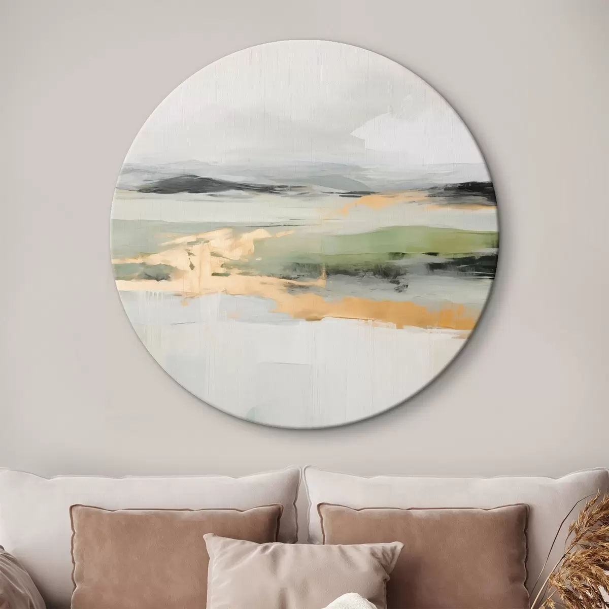Runde Wandbilder Abstrakte Landschaft mit gelben Akzenten, eine minimalistische Komposition aus Land, Wasser und Himmel, mit gedämpften Farben r46269