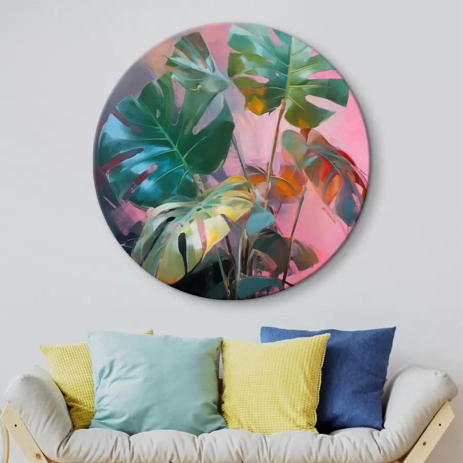 Fototapete Abstrakte Monstera-Pflanze mit leuchtend grünen Blättern vor einem Hintergrund aus zarten Rosa- und Violetttönen r46286