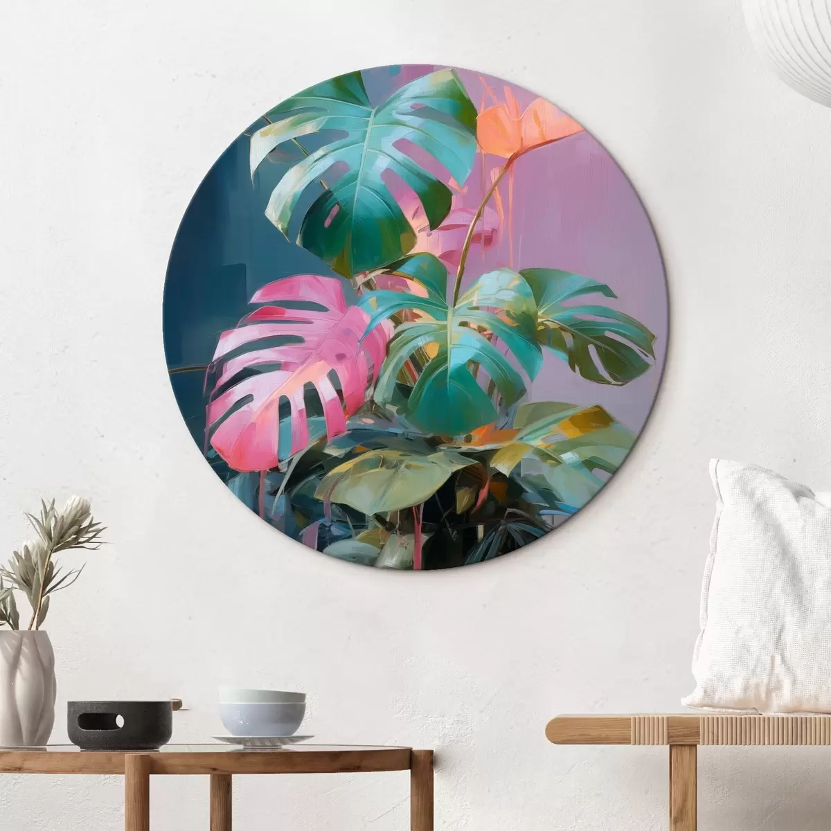Runde Wandbilder Abstrakte Monstera-Pflanze mit rosa und grünen Blättern, leuchtenden Farben, vor einem unscharfen Hintergrund r46287