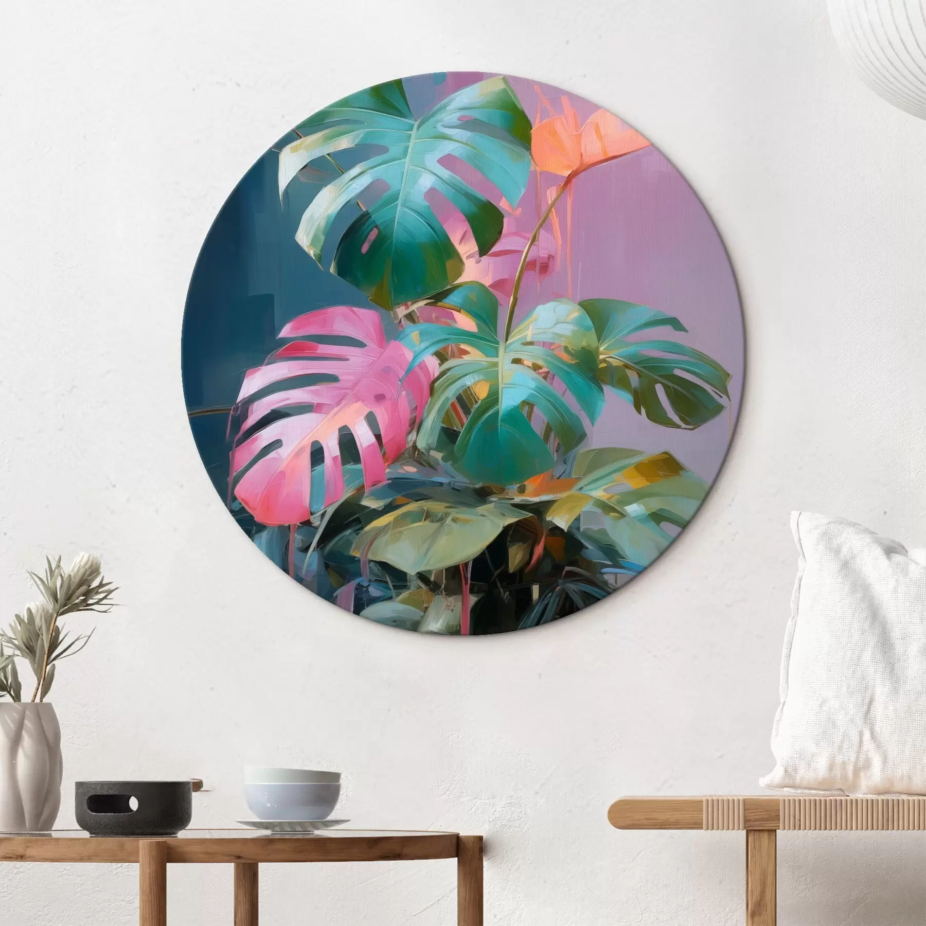 Fototapete Abstrakte Monstera-Pflanze mit rosa und grünen Blättern, leuchtenden Farben, vor einem unscharfen Hintergrund r46287