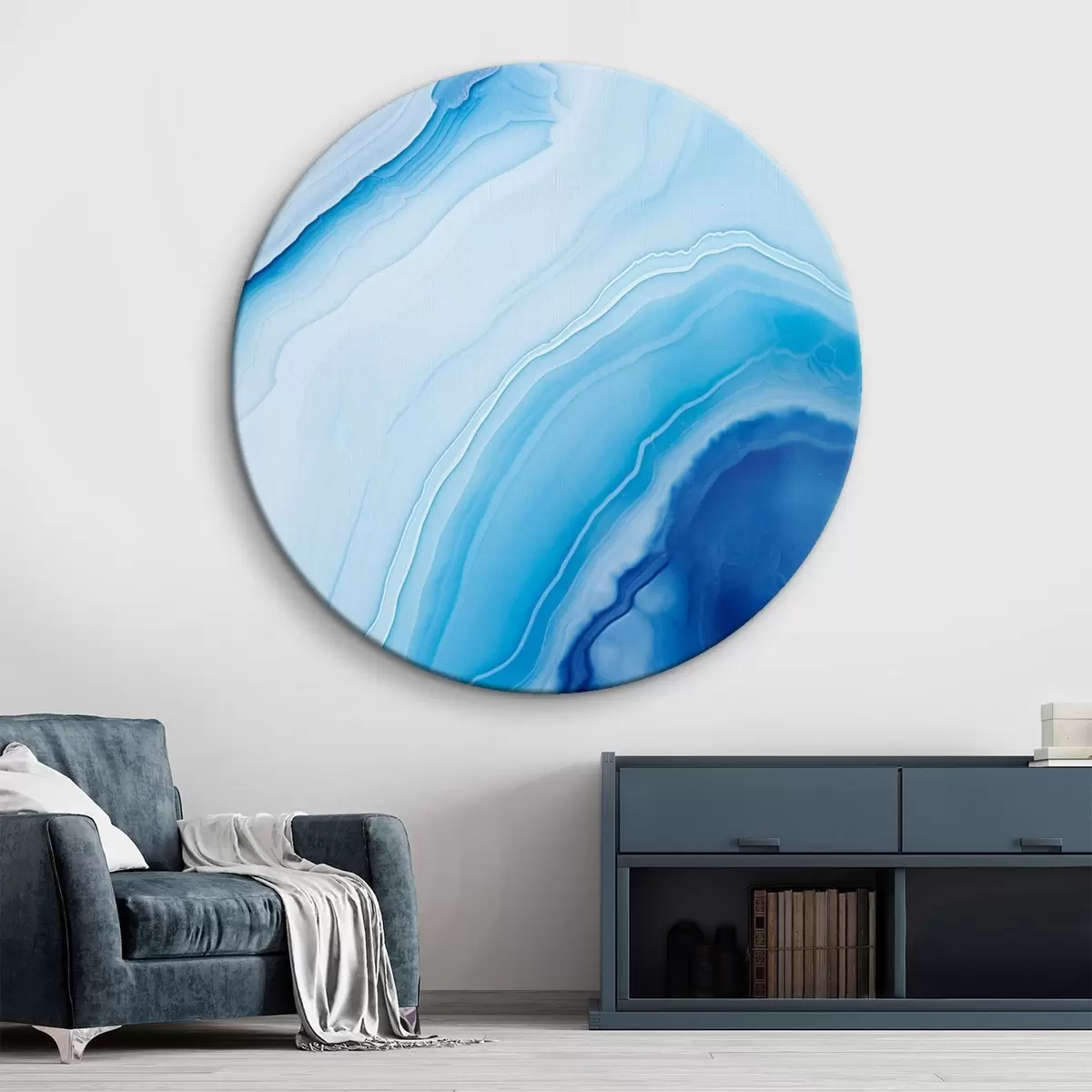 Runde Wandbilder Abstrakter blau-weißer Achatdruck, wirbelnde Linien und Farbverläufe, glatte Textur, moderne Kunst, minimalistisch r46290