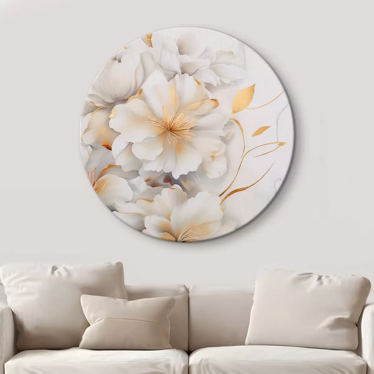 Runde Wandbilder Weiße Blüten mit gelben Details, Blütenblätter mit dezenten Schatten, heller Hintergrund mit dezentem Marmoreffekt r46292