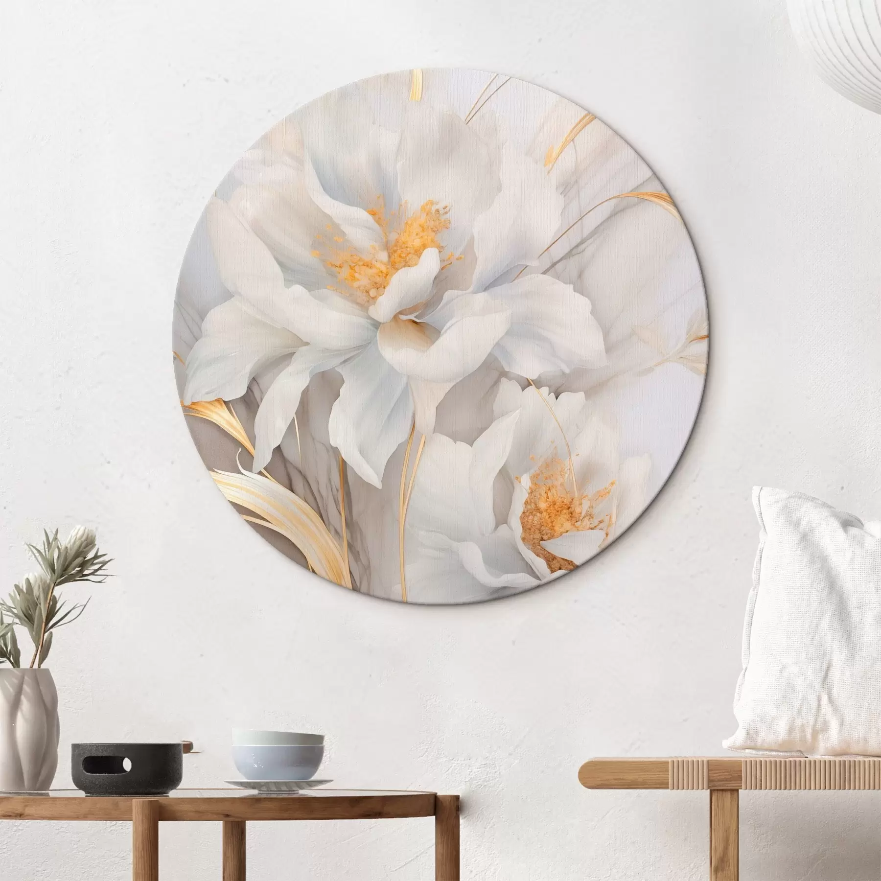 Fototapete Weiße Blüten mit gelben Stempeln und Stielen, zarte Blütenblätter, elegante Komposition, neutraler Hintergrund r46293