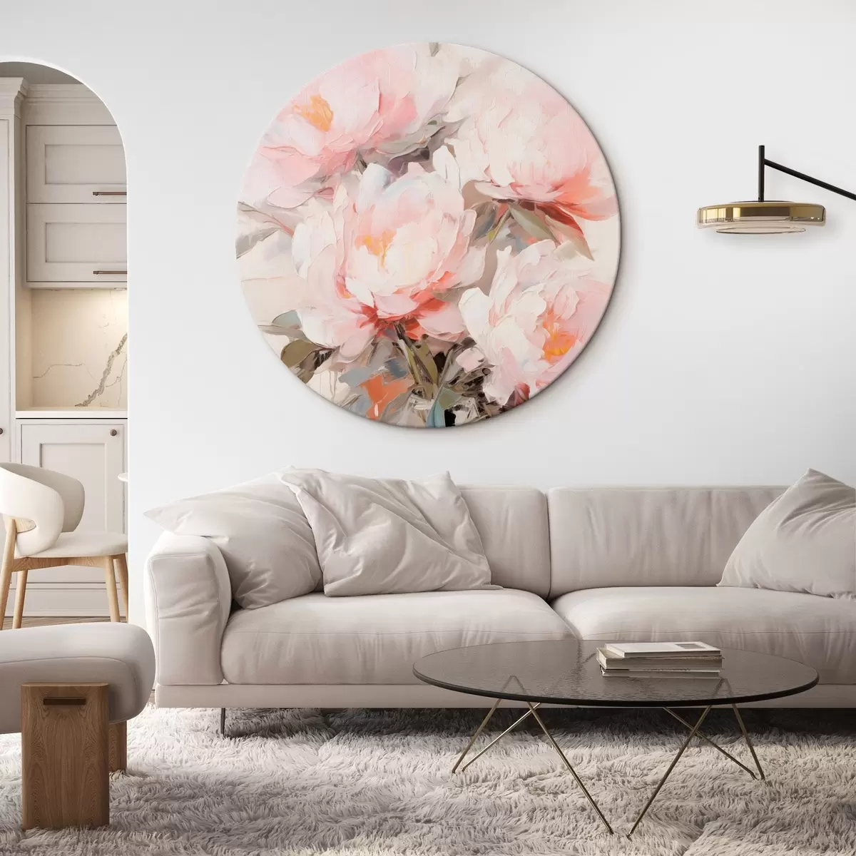 Runde Wandbilder Ein Strauß aus rosa und weißen Pfingstrosen in einer Glasvase, sanfte Pinselstriche, Pastellfarben, neutraler Hintergrund r46295