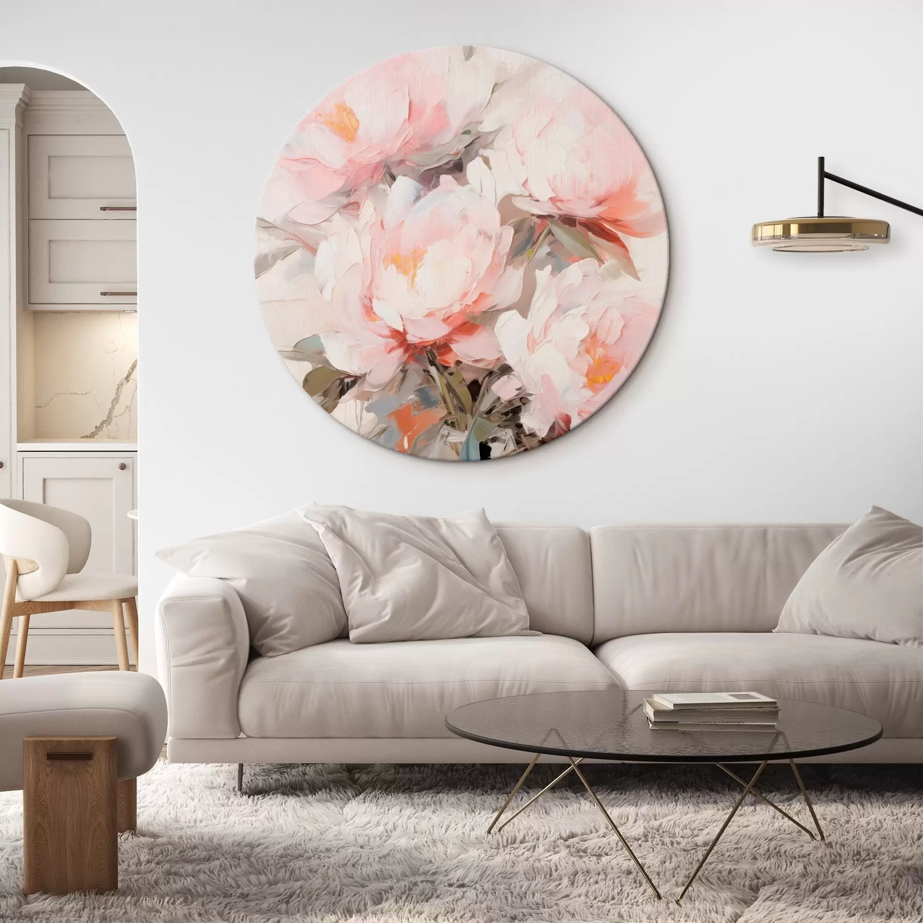 Fototapete Ein Strauß aus rosa und weißen Pfingstrosen in einer Glasvase, sanfte Pinselstriche, Pastellfarben, neutraler Hintergrund r46295