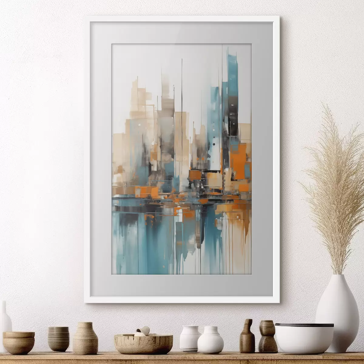 Poster Abstrakte Stadtlandschaft mit orangefarbenen, blaugrünen und braunen vertikalen Pinselstrichen und geometrischen Formen f46266