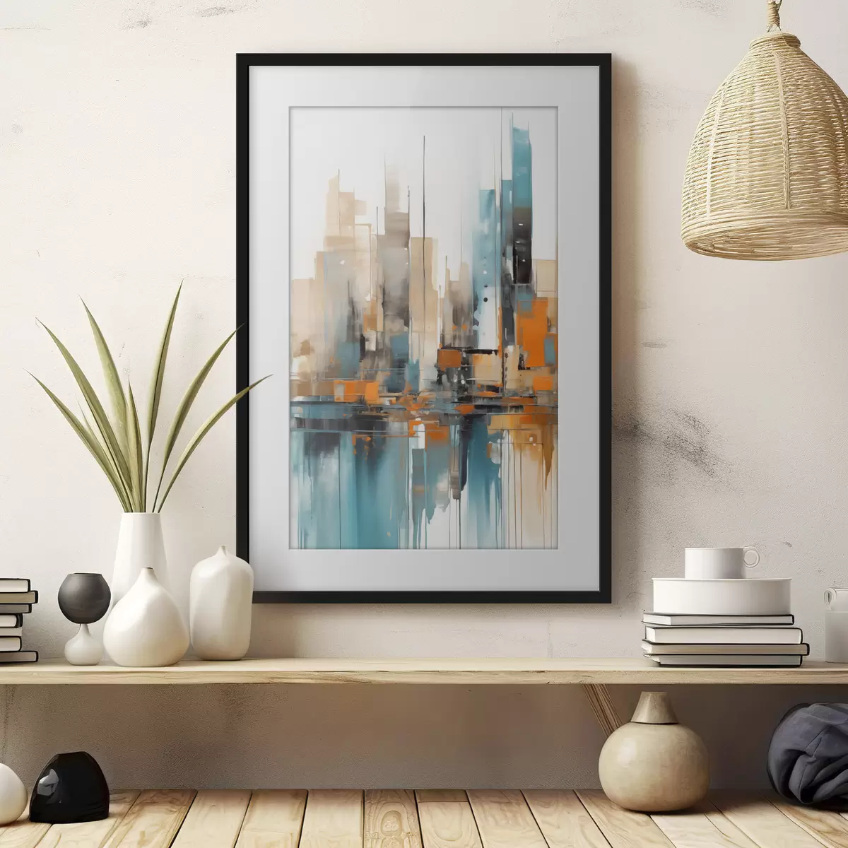 Poster Abstrakte Stadtlandschaft mit orangefarbenen, blaugrünen und braunen vertikalen Pinselstrichen und geometrischen Formen f46266