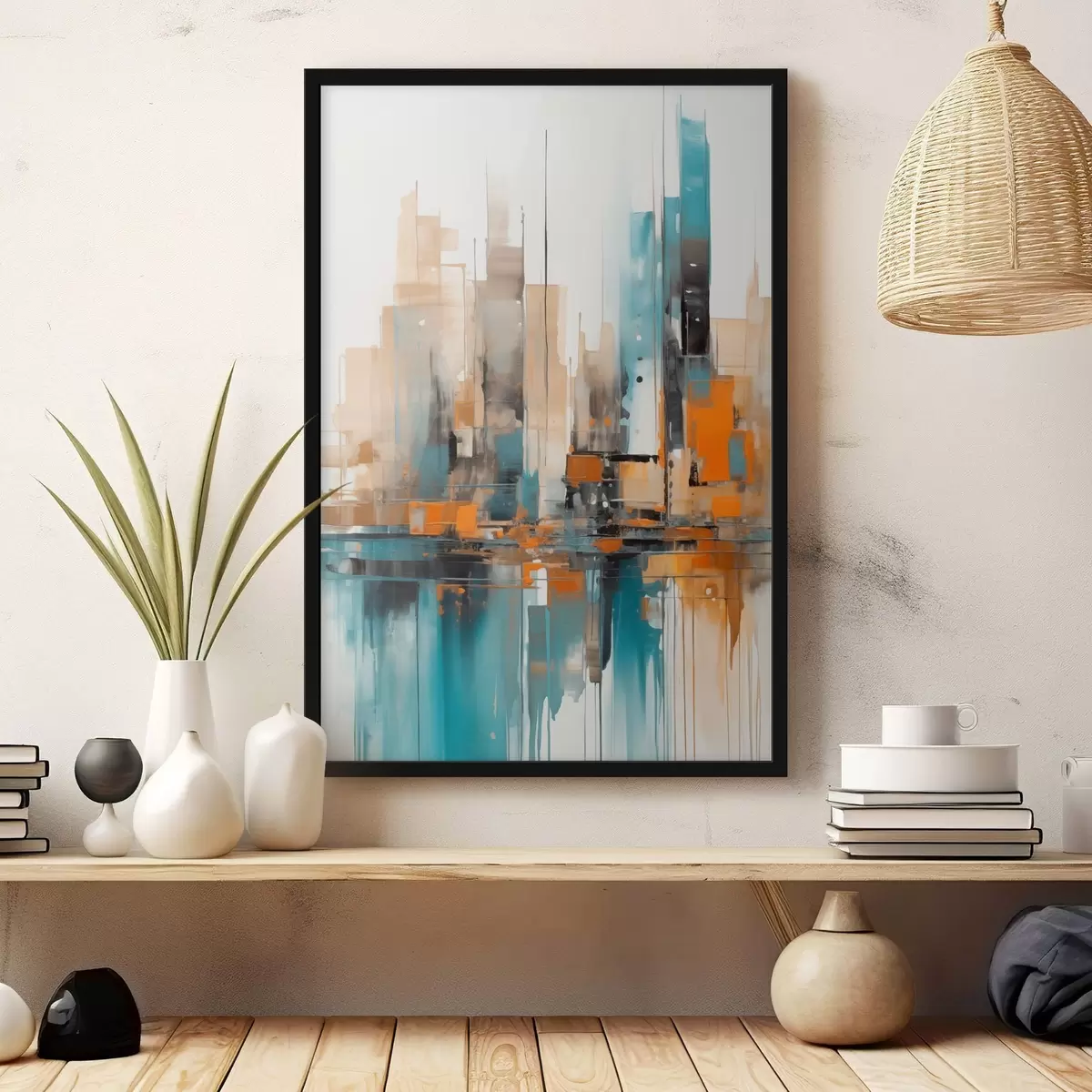 Poster Abstrakte Stadtlandschaft mit orangefarbenen, blaugrünen und braunen vertikalen Pinselstrichen und geometrischen Formen f46266