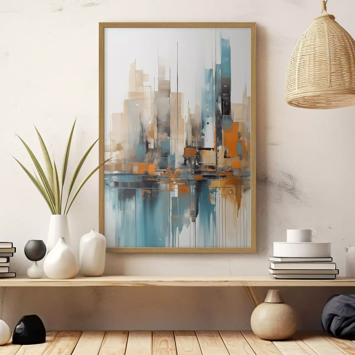 Poster Abstrakte Stadtlandschaft mit orangefarbenen, blaugrünen und braunen vertikalen Pinselstrichen und geometrischen Formen f46266
