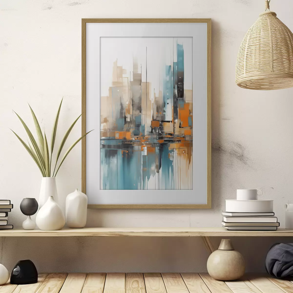 Poster Abstrakte Stadtlandschaft mit orangefarbenen, blaugrünen und braunen vertikalen Pinselstrichen und geometrischen Formen f46266
