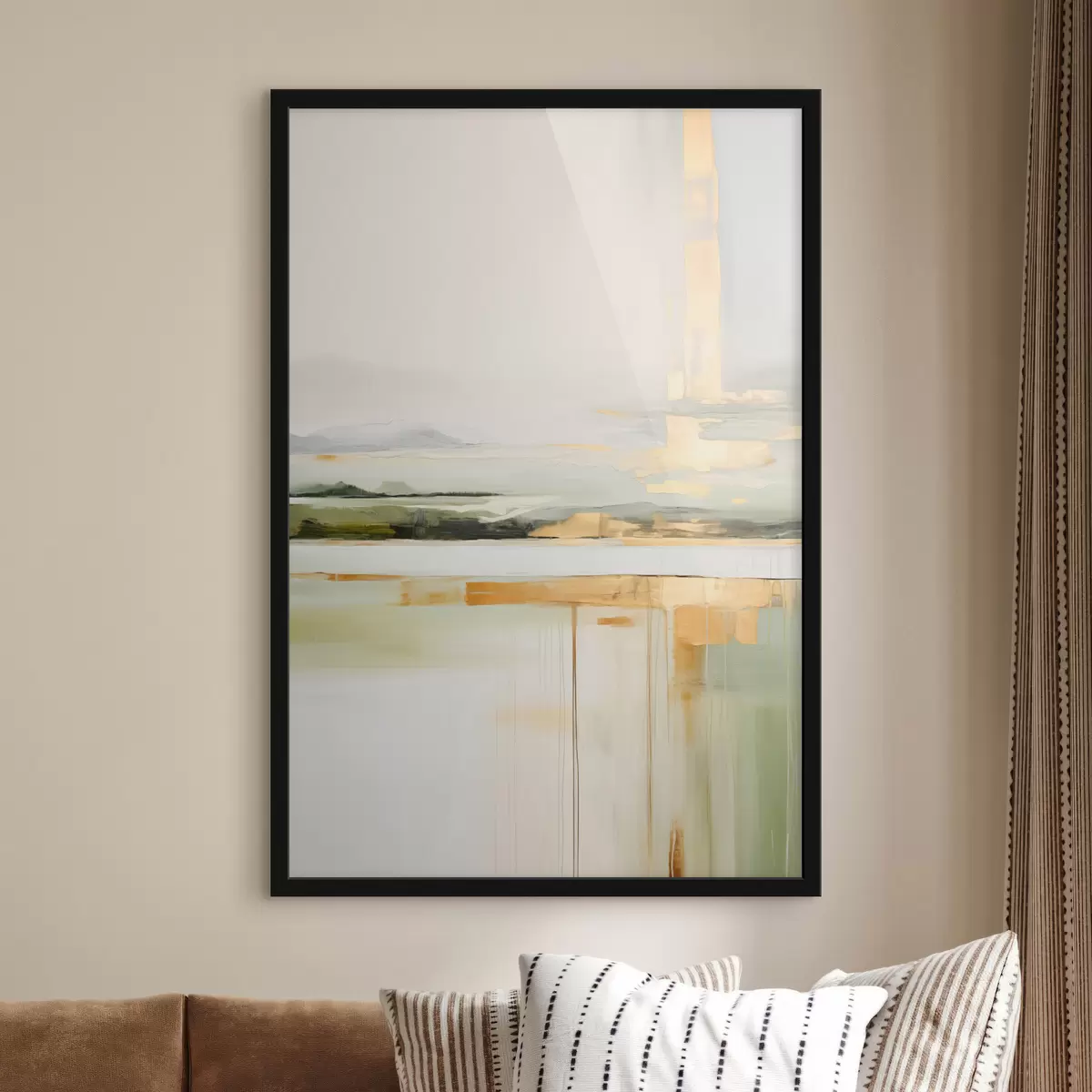 Poster Abstrakte Landschaft mit gelben Akzenten, eine minimalistische Komposition aus Land, Wasser und Himmel, mit gedämpften Farben f46268