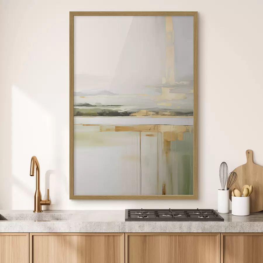 Fototapete Abstrakte Landschaft mit gelben Akzenten, eine minimalistische Komposition aus Land, Wasser und Himmel, mit gedämpften Farben f46268