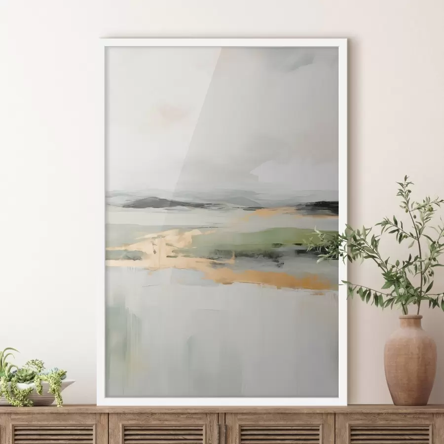 Fototapete Abstrakte Landschaft mit gelben Akzenten, eine minimalistische Komposition aus Land, Wasser und Himmel, mit gedämpften Farben f46269