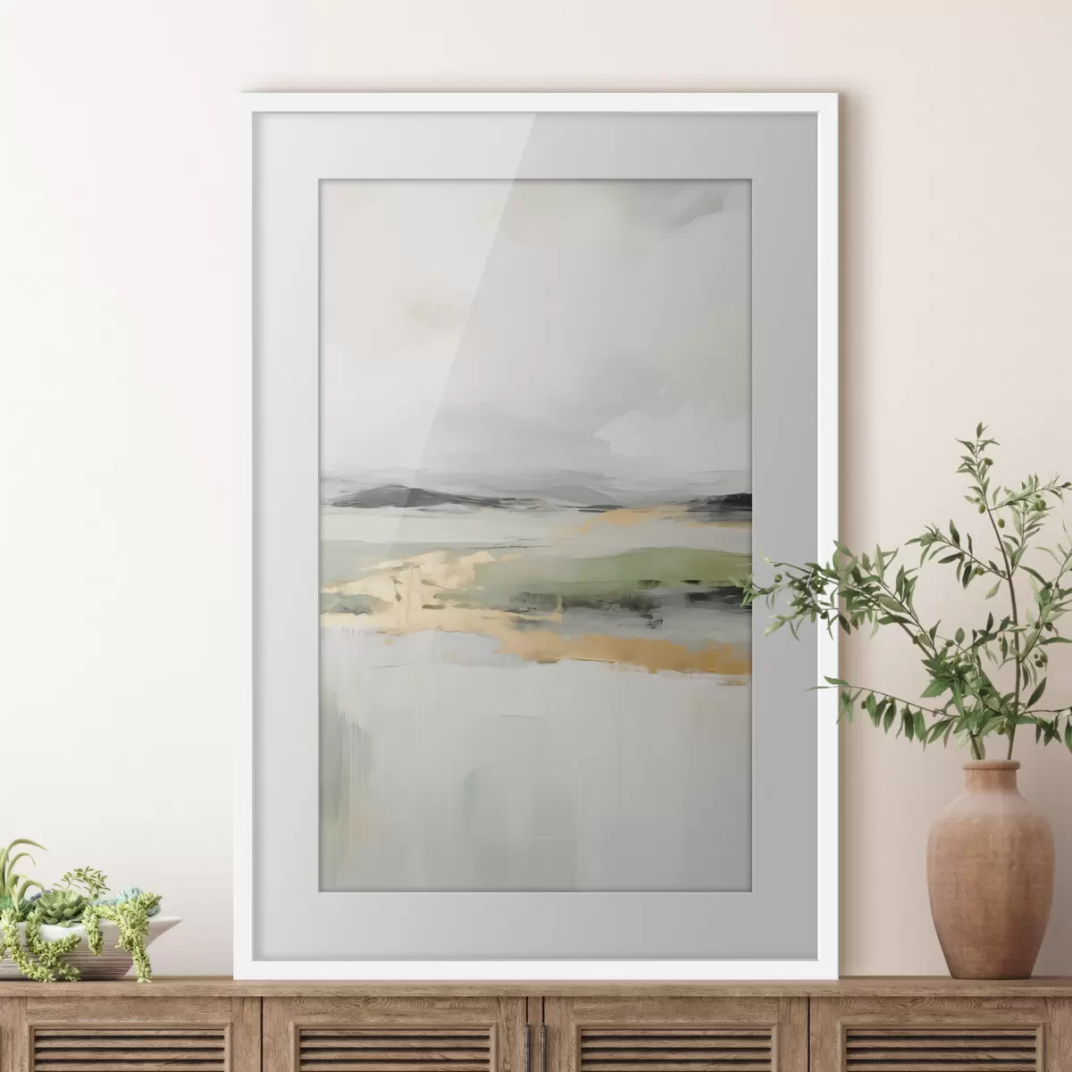 Poster Abstrakte Landschaft mit gelben Akzenten, eine minimalistische Komposition aus Land, Wasser und Himmel, mit gedämpften Farben f46269