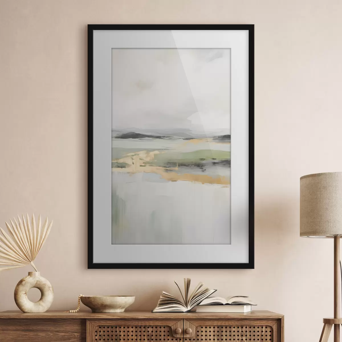 Poster Abstrakte Landschaft mit gelben Akzenten, eine minimalistische Komposition aus Land, Wasser und Himmel, mit gedämpften Farben f46269