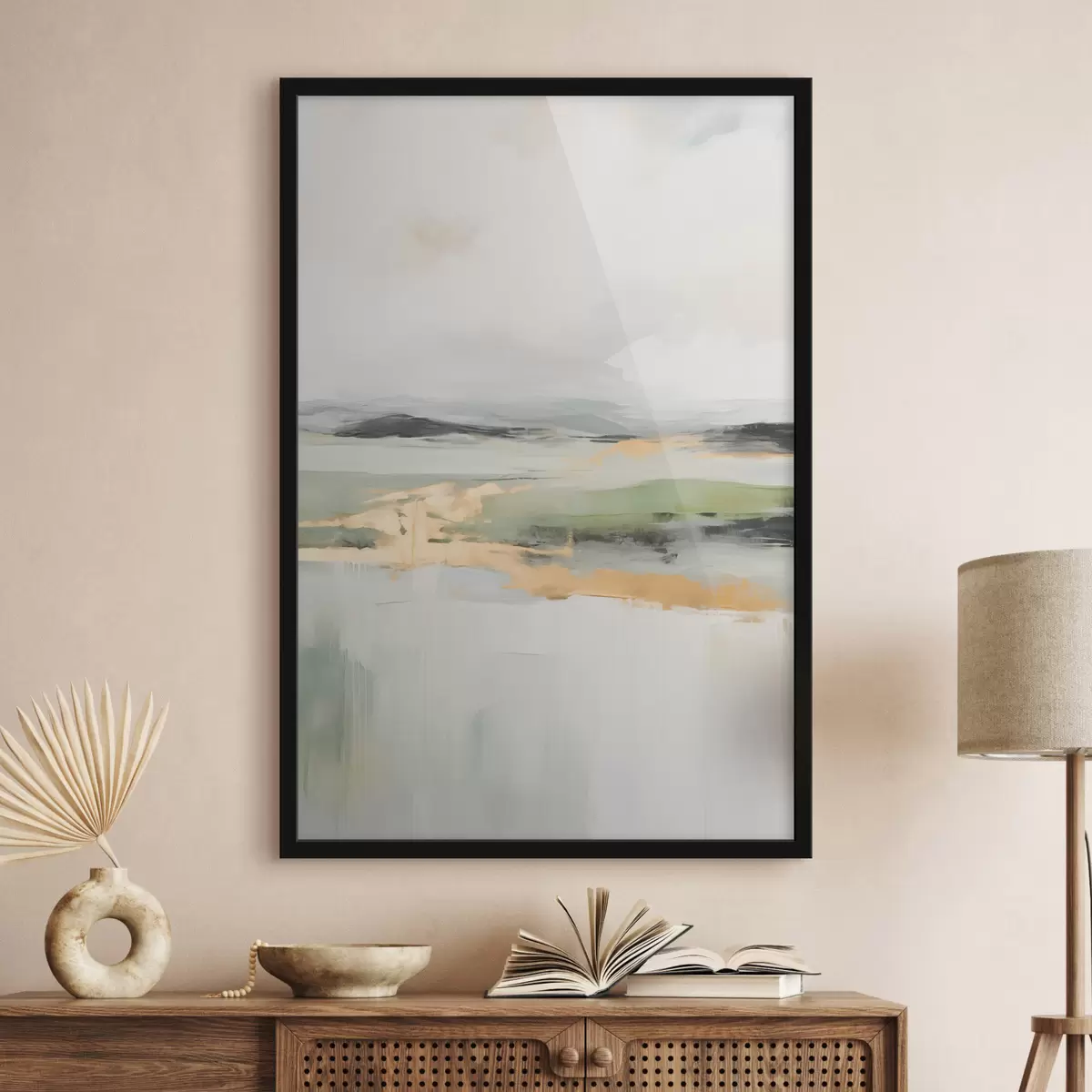 Poster Abstrakte Landschaft mit gelben Akzenten, eine minimalistische Komposition aus Land, Wasser und Himmel, mit gedämpften Farben f46269