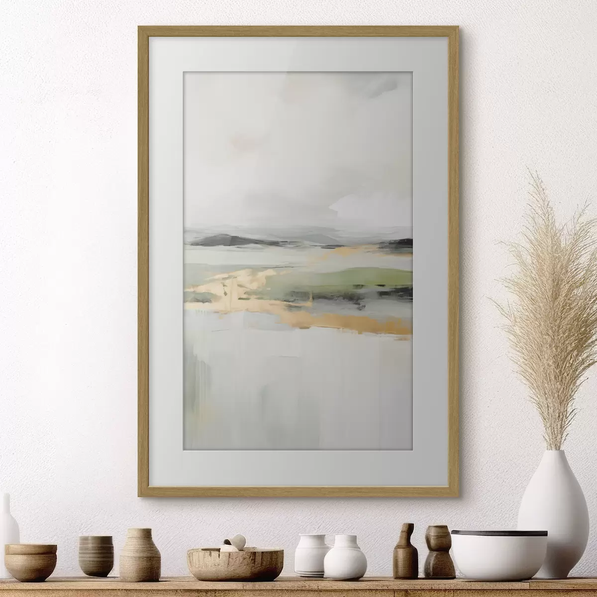 Poster Abstrakte Landschaft mit gelben Akzenten, eine minimalistische Komposition aus Land, Wasser und Himmel, mit gedämpften Farben f46269