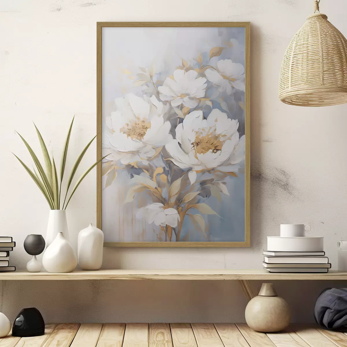 Poster Weiße Pfingstrosen mit blauen Blütenkernen und Blättern, sanfte Pinselstriche, hellblauer Hintergrund, Blumenarrangement f46270