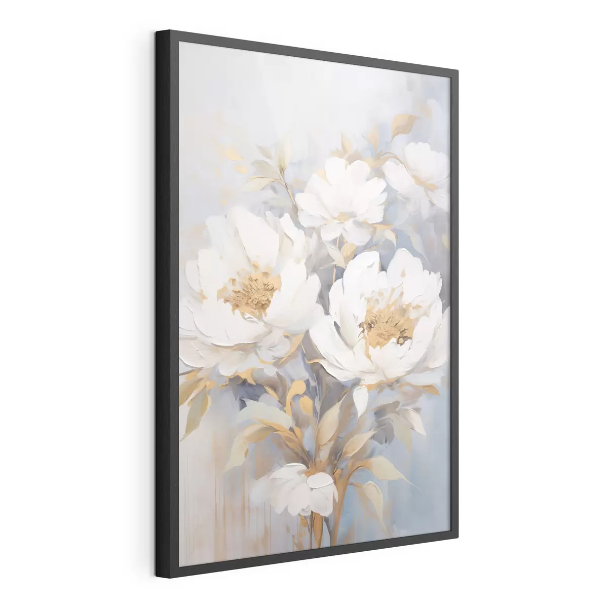 Poster Weiße Pfingstrosen mit blauen Blütenkernen und Blättern, sanfte Pinselstriche, hellblauer Hintergrund, Blumenarrangement f46270