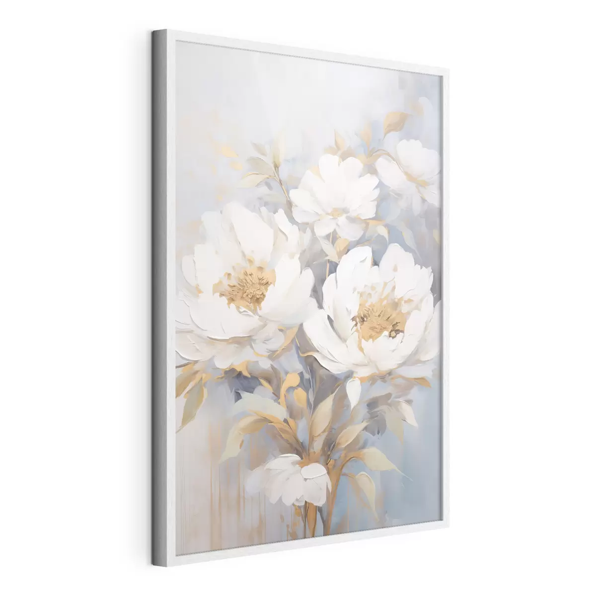Poster Weiße Pfingstrosen mit blauen Blütenkernen und Blättern, sanfte Pinselstriche, hellblauer Hintergrund, Blumenarrangement f46270
