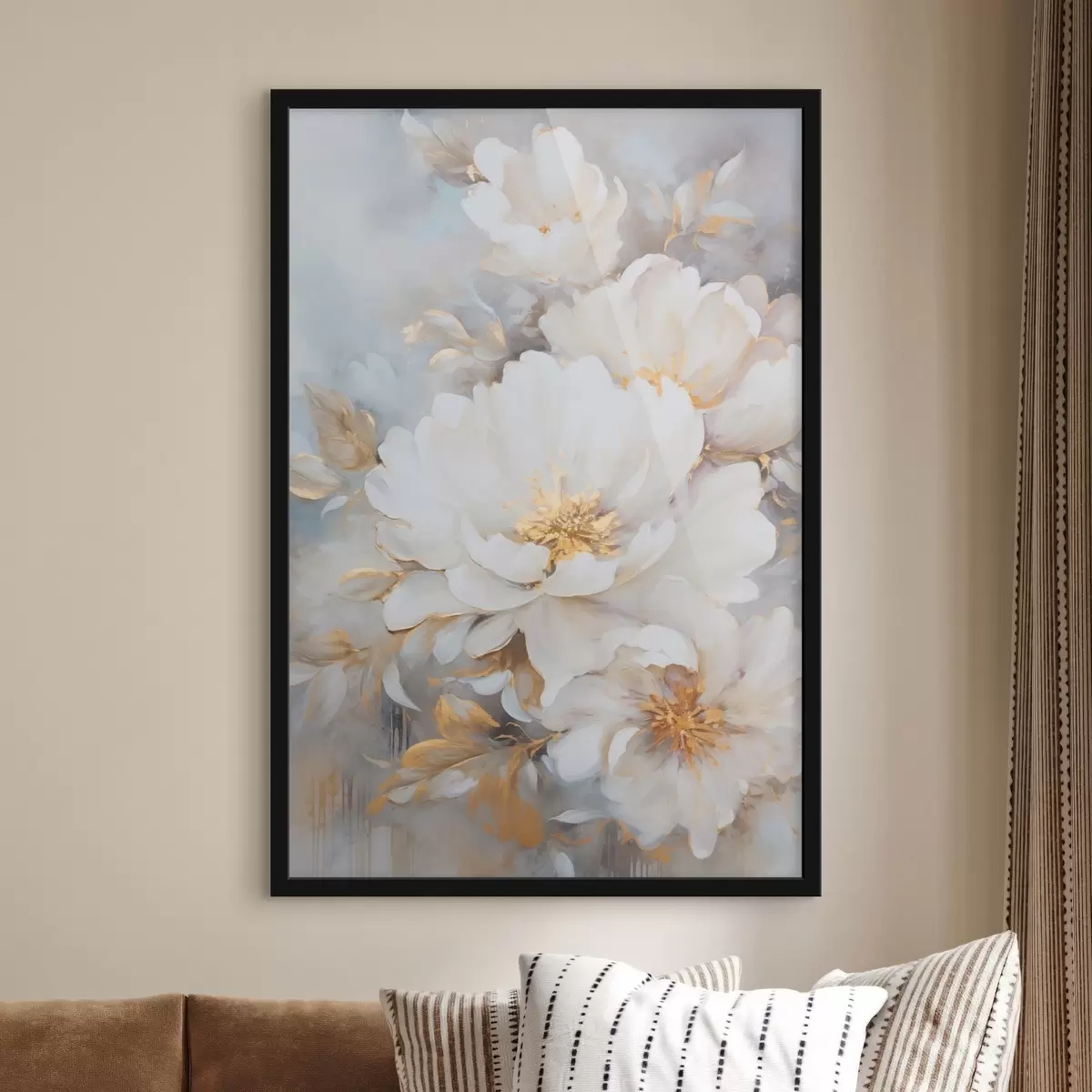 Poster Weiße Pfingstrosen mit blauen Blütenkernen und Blättern, sanfte Pinselstriche, hellblauer Hintergrund, Blumenarrangement f46271