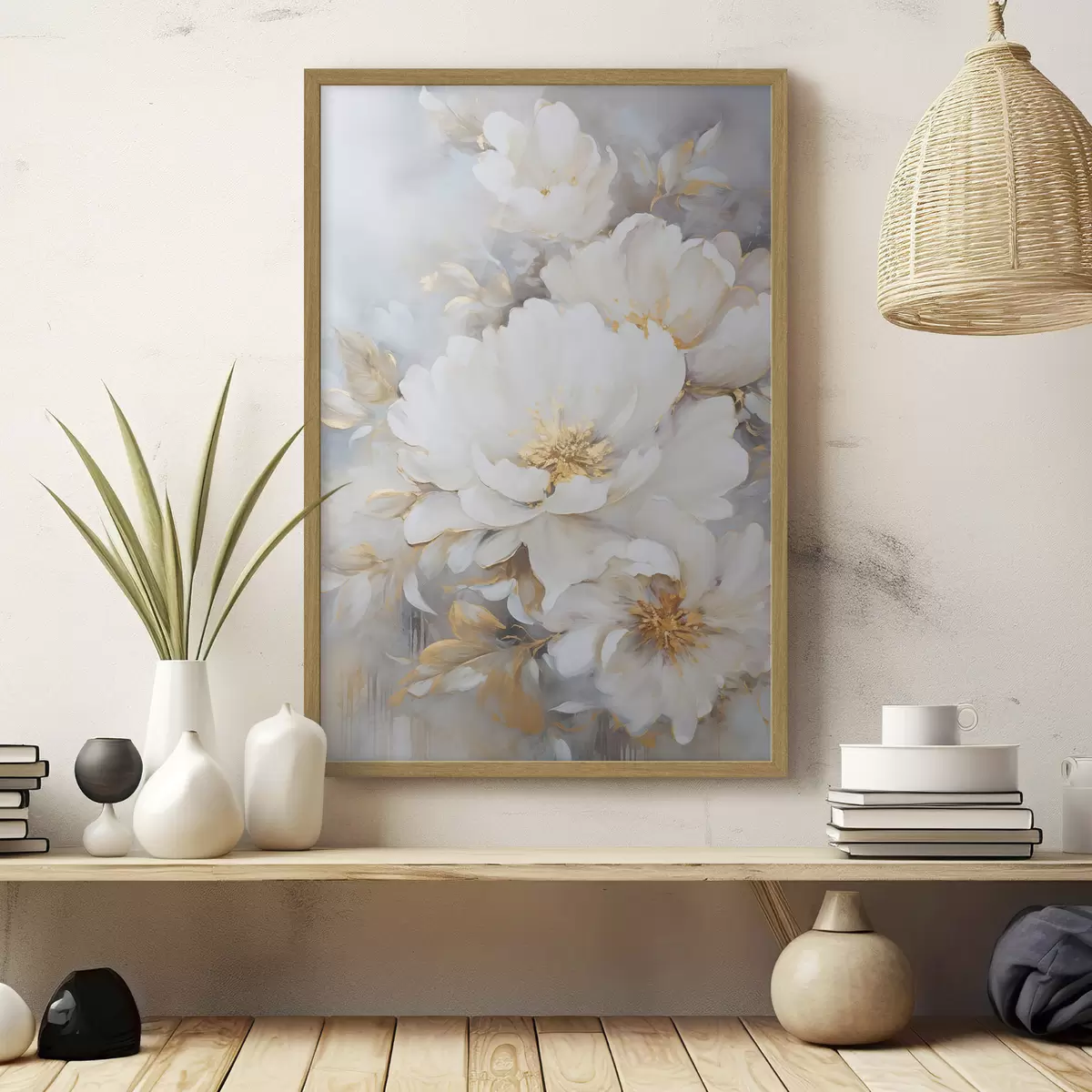 Poster Weiße Pfingstrosen mit blauen Blütenkernen und Blättern, sanfte Pinselstriche, hellblauer Hintergrund, Blumenarrangement f46271
