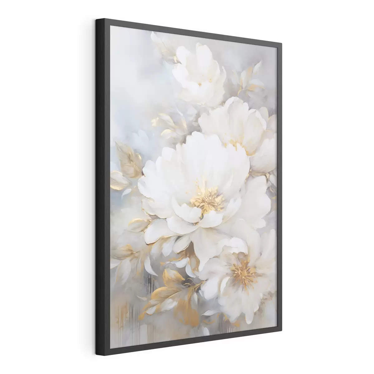 Poster Weiße Pfingstrosen mit blauen Blütenkernen und Blättern, sanfte Pinselstriche, hellblauer Hintergrund, Blumenarrangement f46271