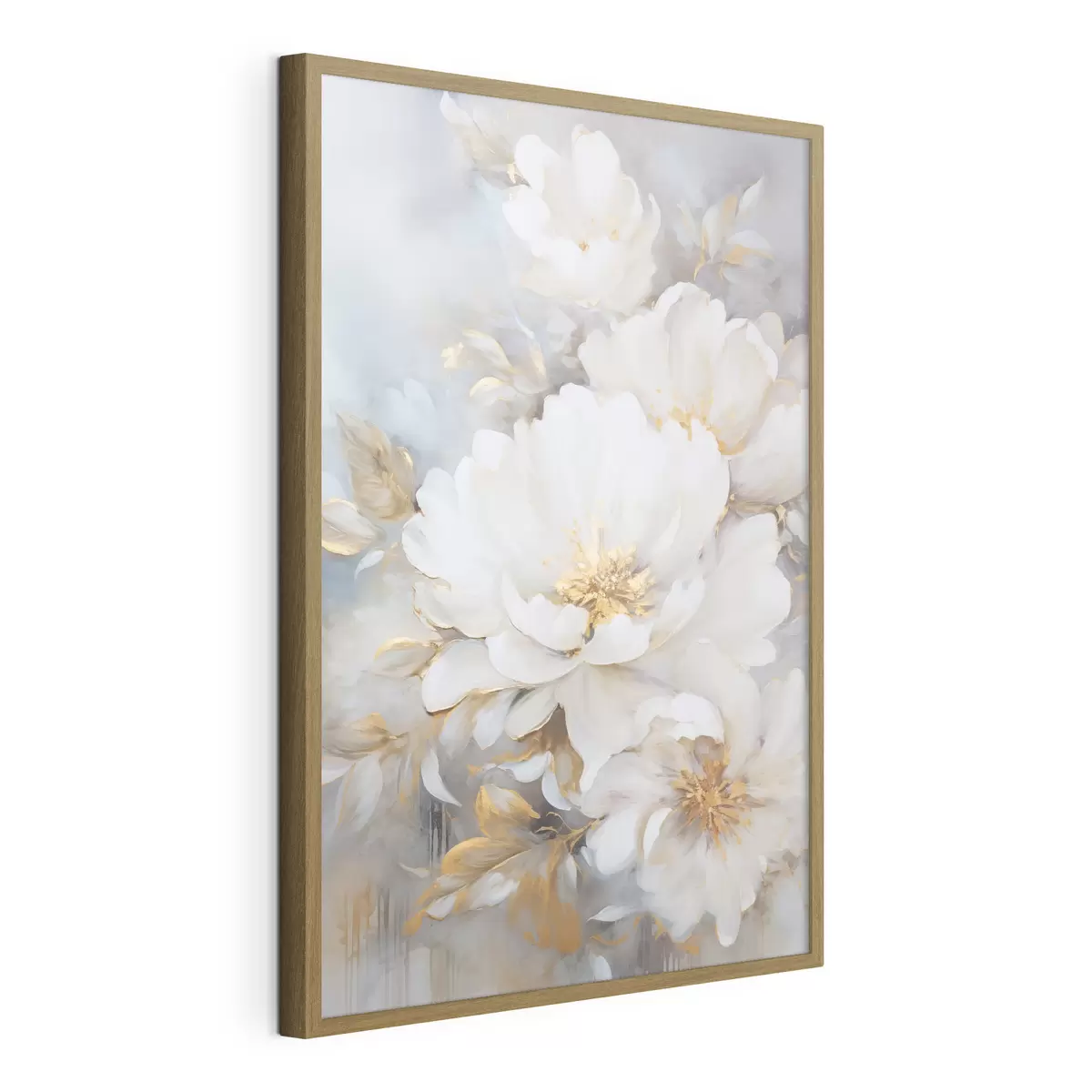 Poster Weiße Pfingstrosen mit blauen Blütenkernen und Blättern, sanfte Pinselstriche, hellblauer Hintergrund, Blumenarrangement f46271
