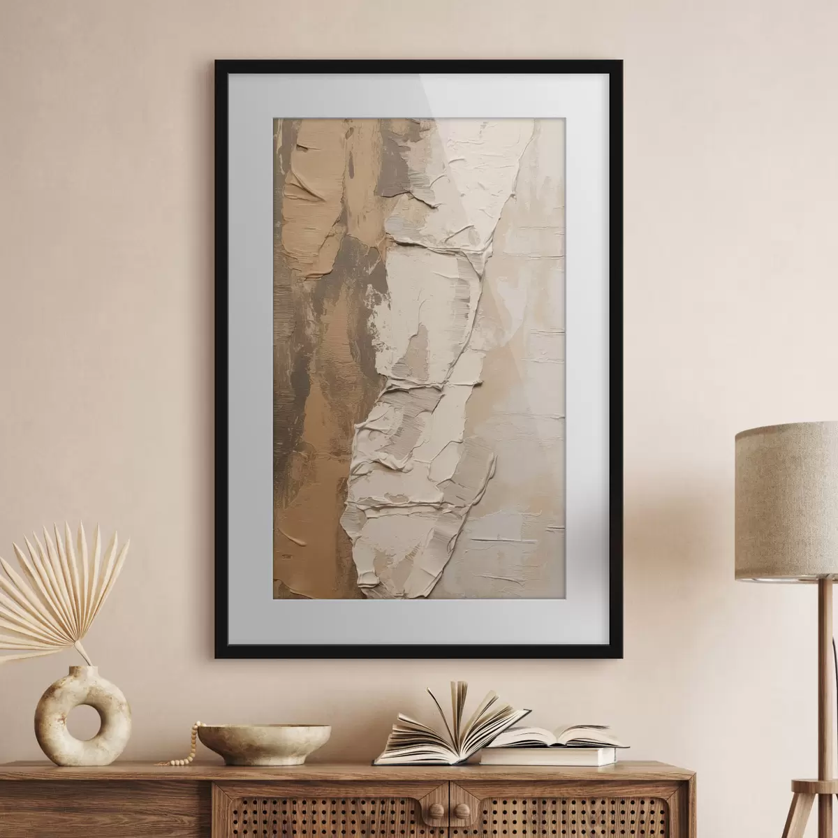 Poster Abstrakte Malerei mit dicken Pinselstrichen, Beige- und Brauntönen, strukturierter Oberfläche und neutraler Farbpalette f46272