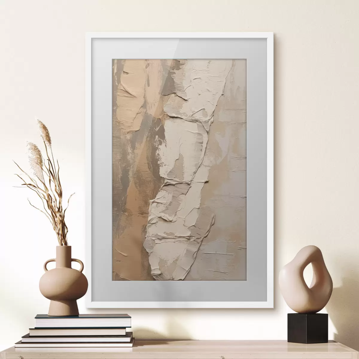 Poster Abstrakte Malerei mit dicken Pinselstrichen, Beige- und Brauntönen, strukturierter Oberfläche und neutraler Farbpalette f46272