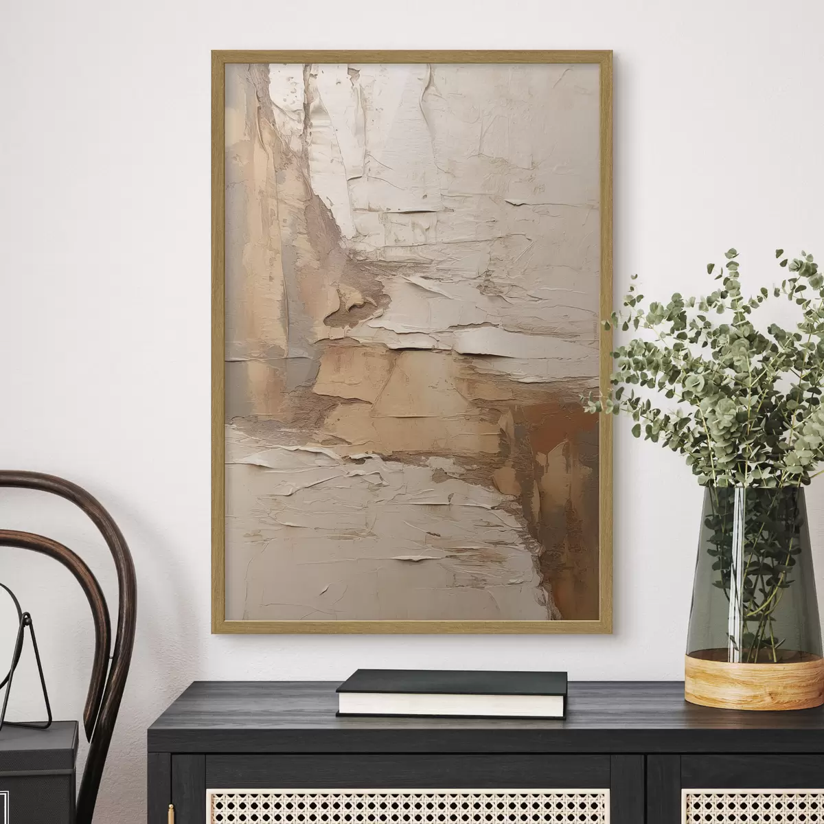 Poster Abstrakte Malerei mit dicken Pinselstrichen, Beige- und Brauntönen, strukturierter Oberfläche und neutraler Farbpalette f46273