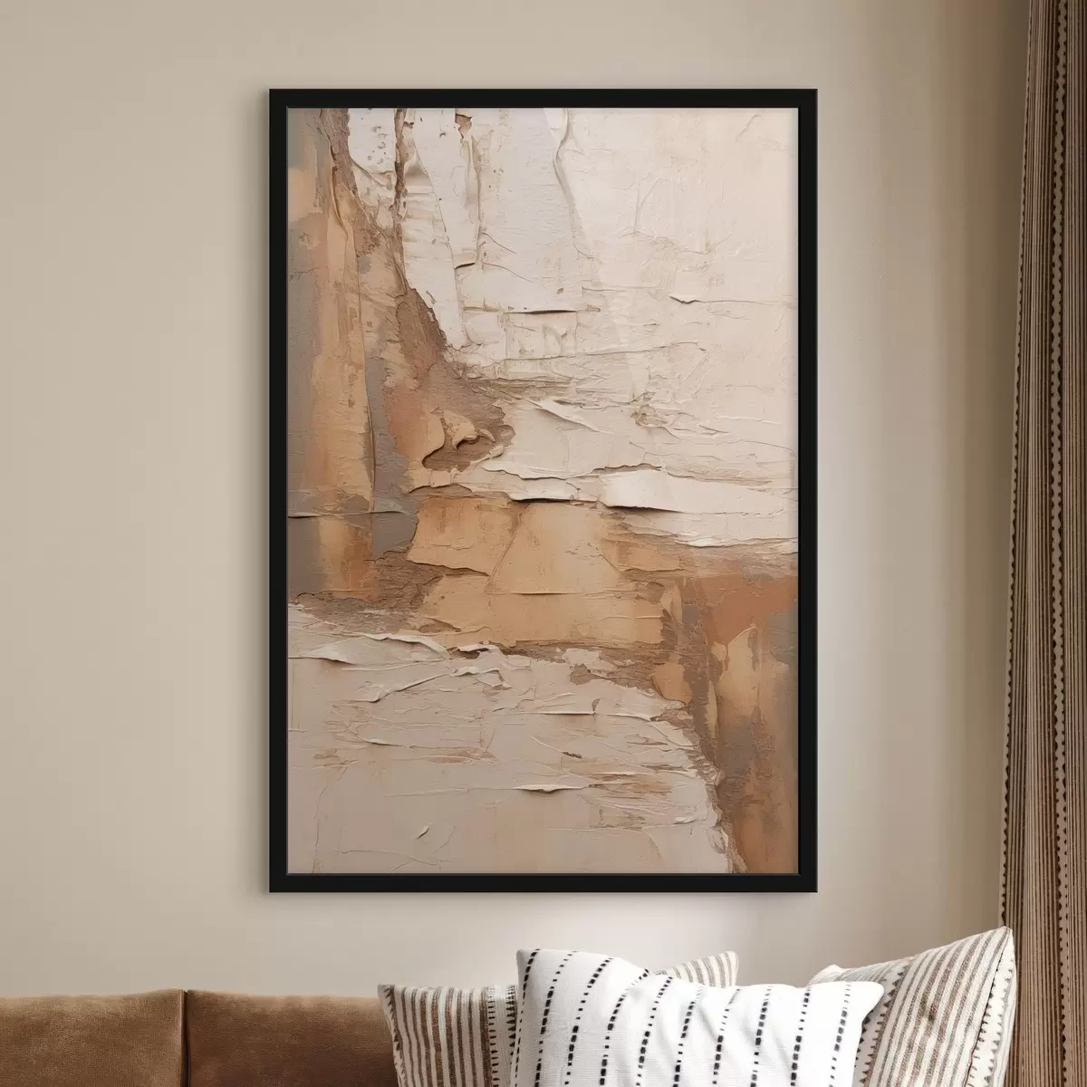 Poster Abstrakte Malerei mit dicken Pinselstrichen, Beige- und Brauntönen, strukturierter Oberfläche und neutraler Farbpalette f46273